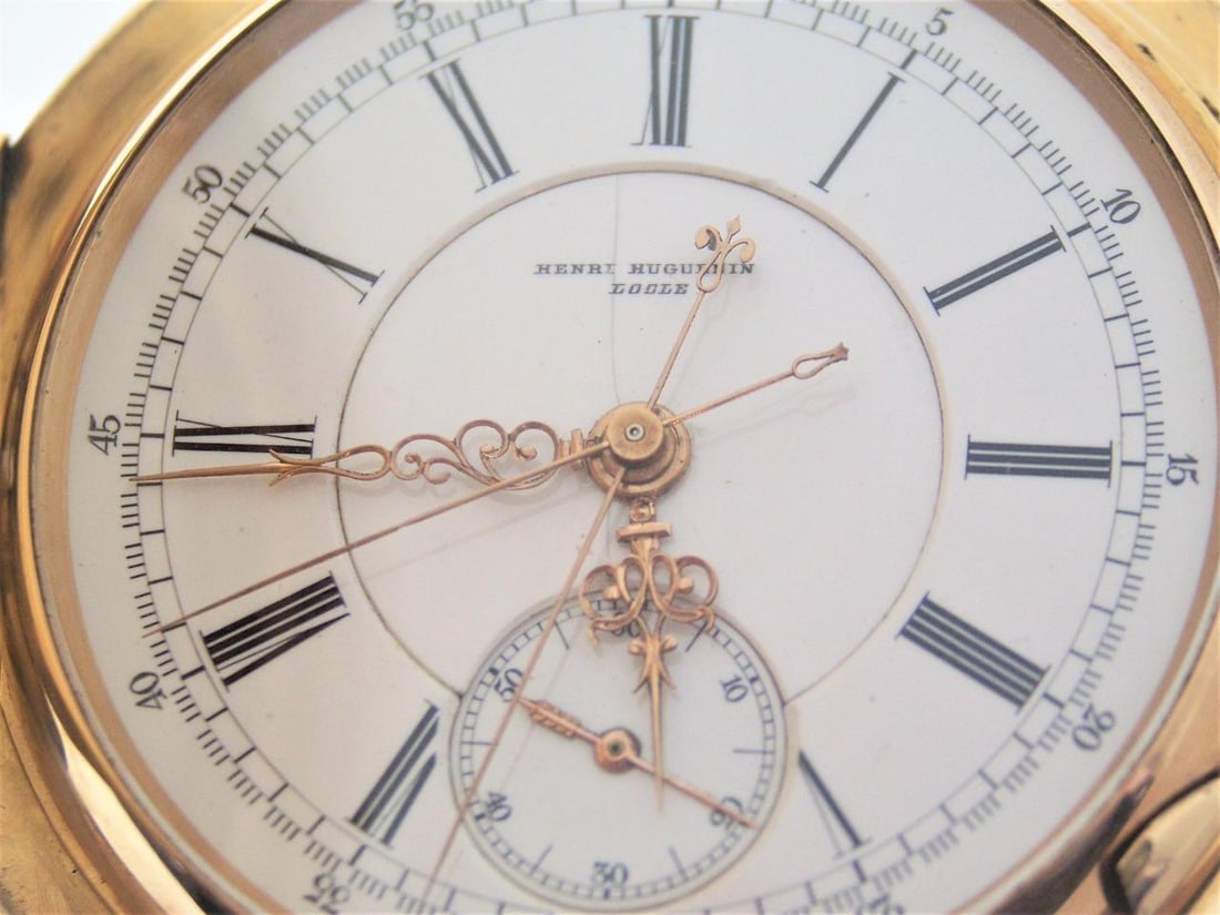 Antique 18K HENRI HUGUENIN Minute Repeater Split Second Chronograph Pocket watch - 6