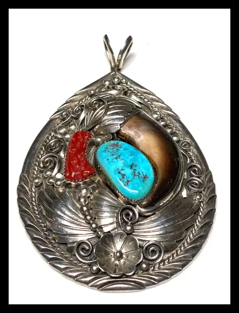 Vintage Oversized Navajo Ted Joe Sterling Silver Bear Claw, Coral, and Turquoise Pendant - 3