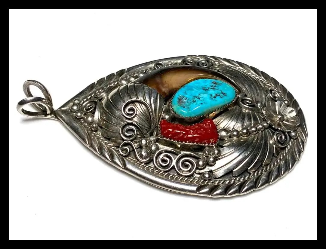 Vintage Oversized Navajo Ted Joe Sterling Silver Bear Claw, Coral, and Turquoise Pendant - 4