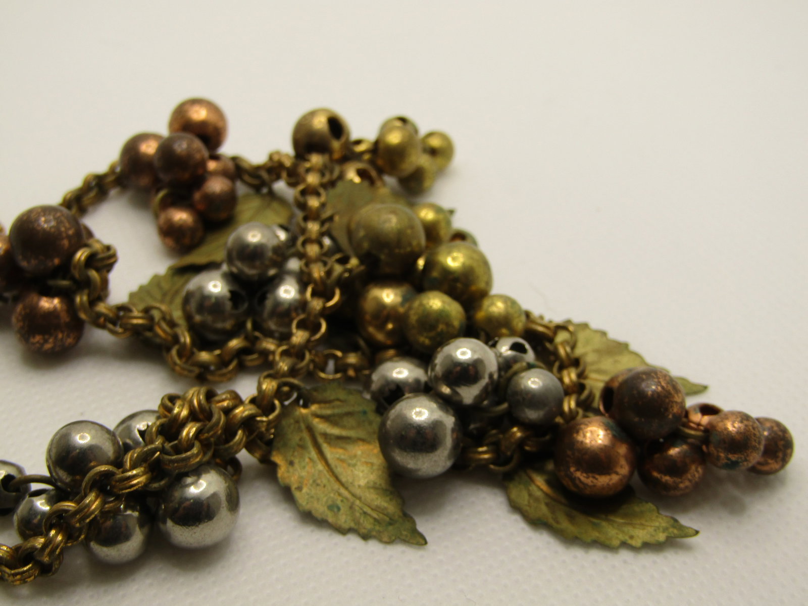 1940's Leaf & Cluster Beaded Drop Necklace, 15.75", Unsigned Miriam Haskell, Brass, Tri-Color - 8