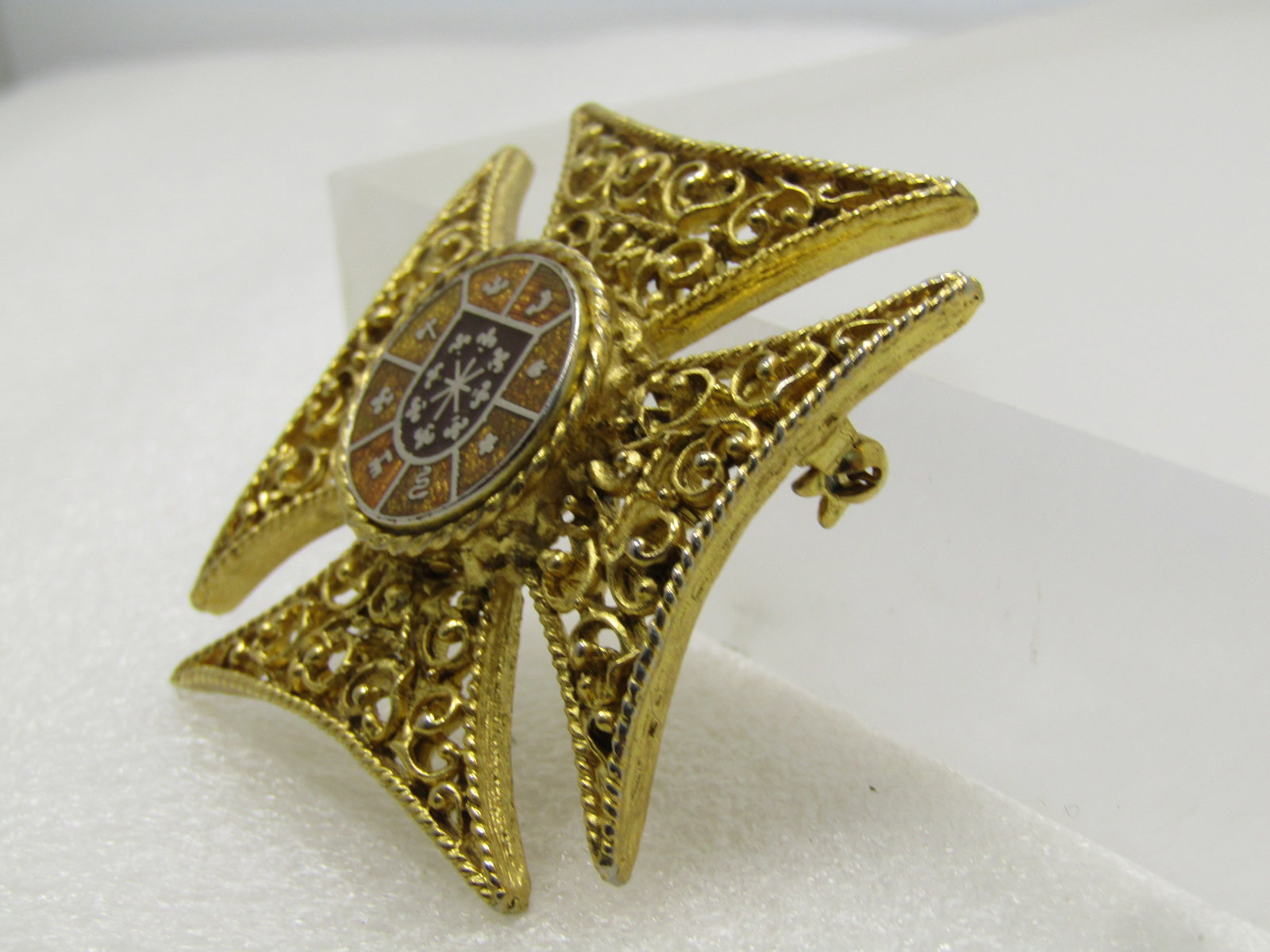 Vintage Enameled Maltese Filigree Brooch, With Crest/Shield, 1970's-1980's - 2