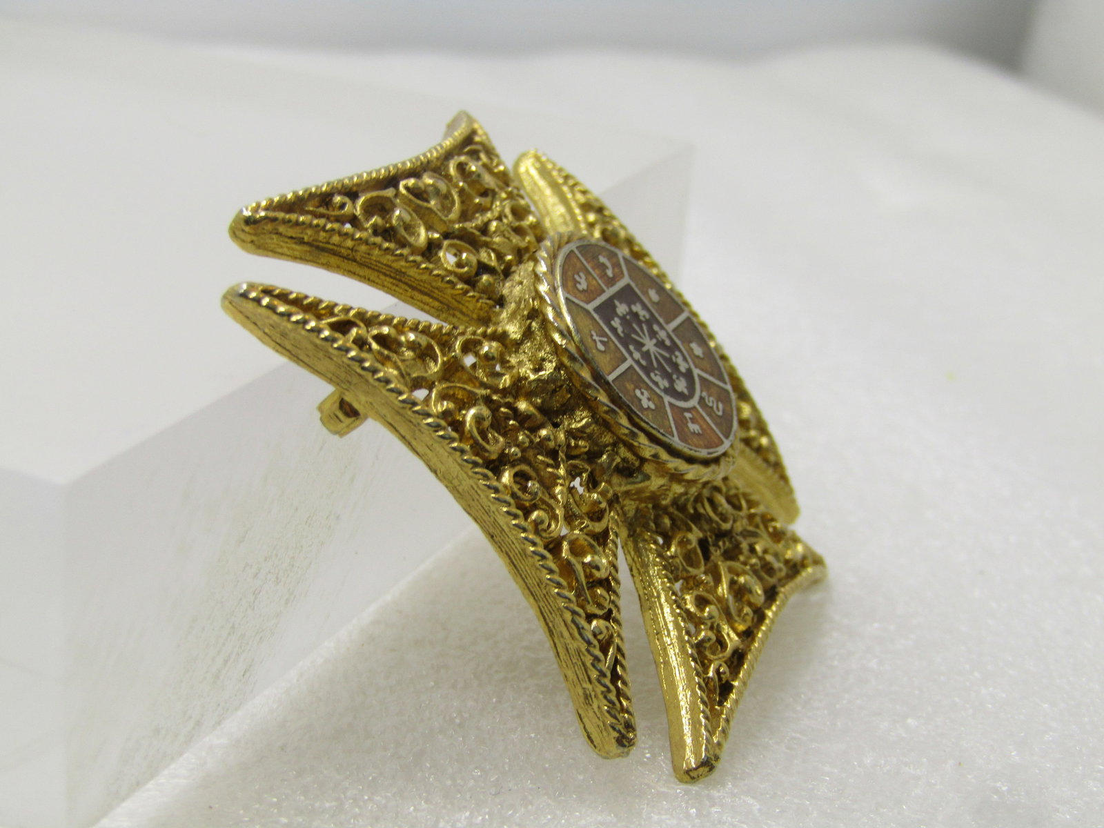 Vintage Enameled Maltese Filigree Brooch, With Crest/Shield, 1970's-1980's - 3