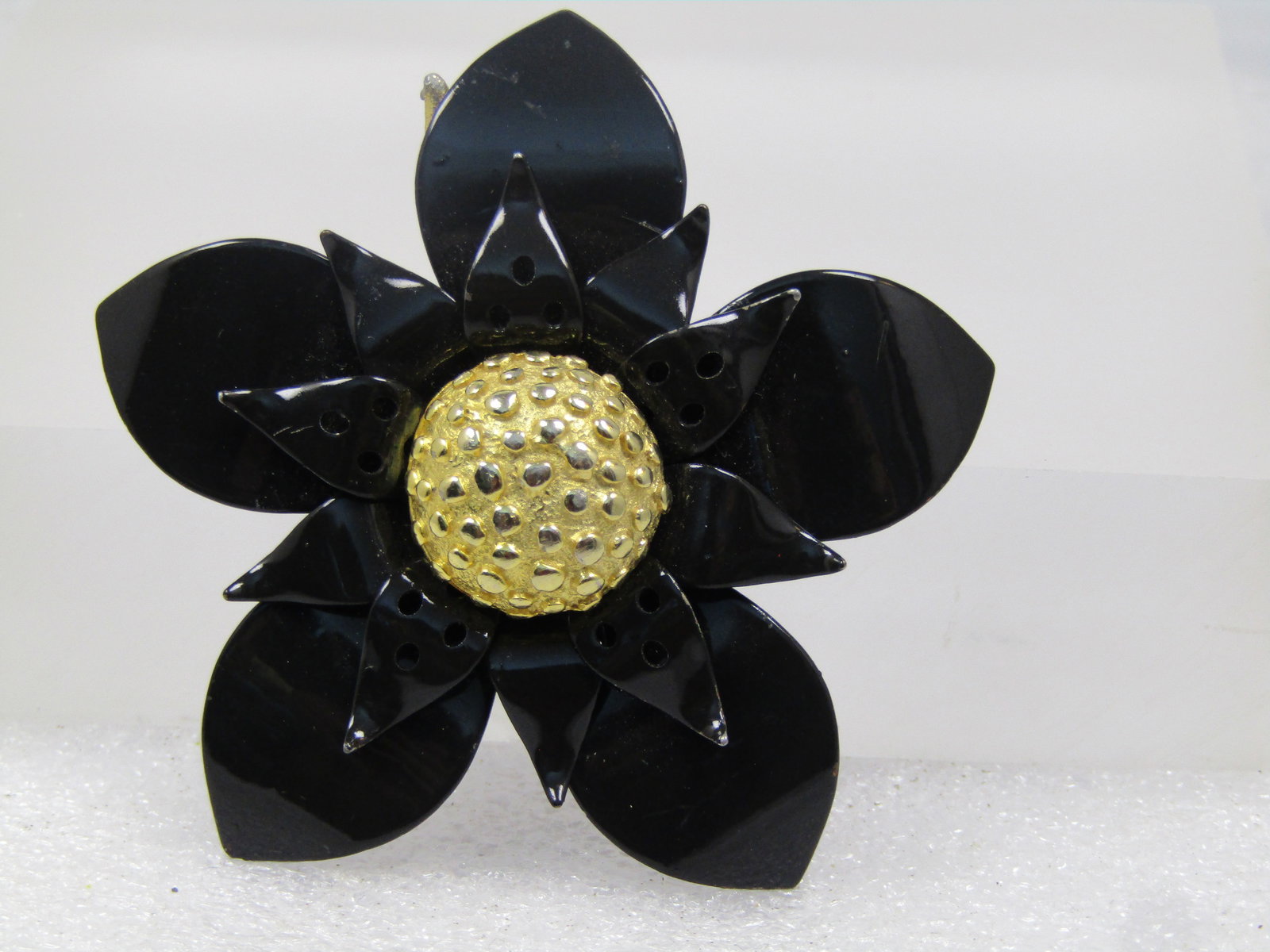 Vintage Black Enameled Floral Brooch, 1960's, Appx. 2" - 3