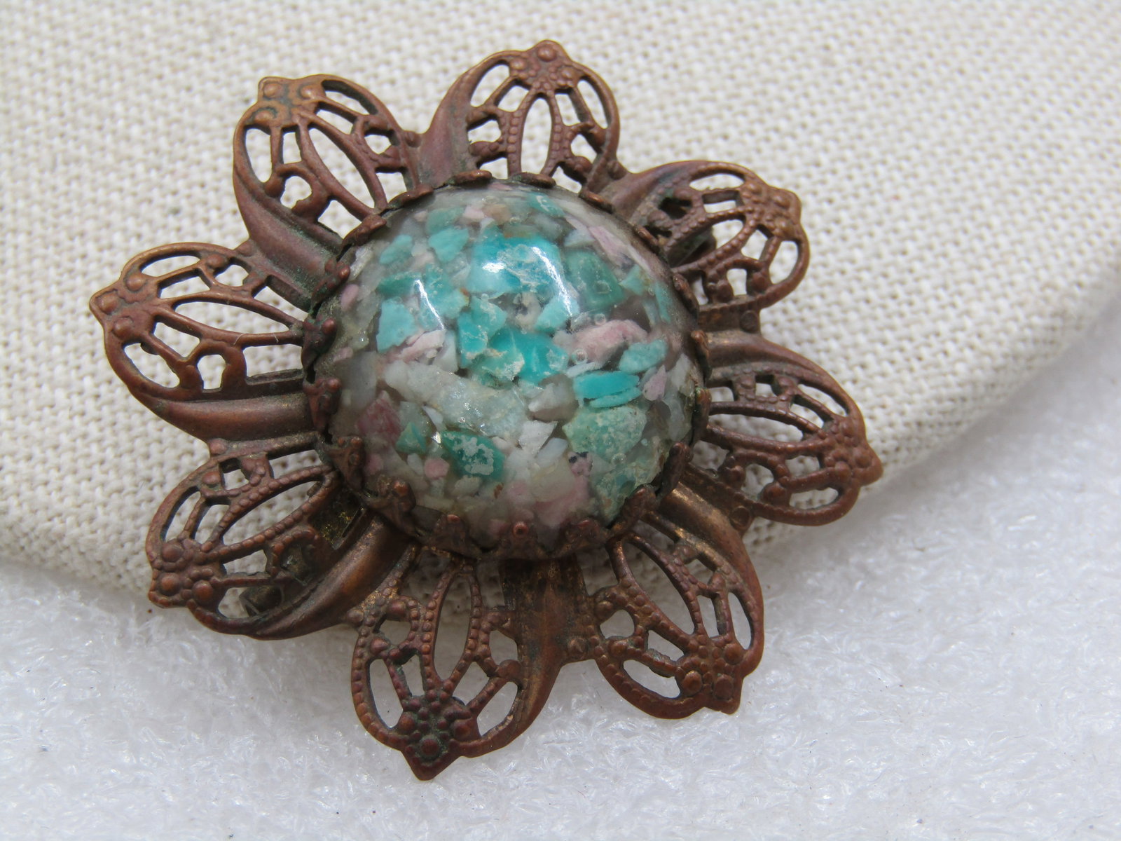 Vintage Early Turquoise & Agate Chips Filigree Brooch, Early 1900's, 1.75" - 2