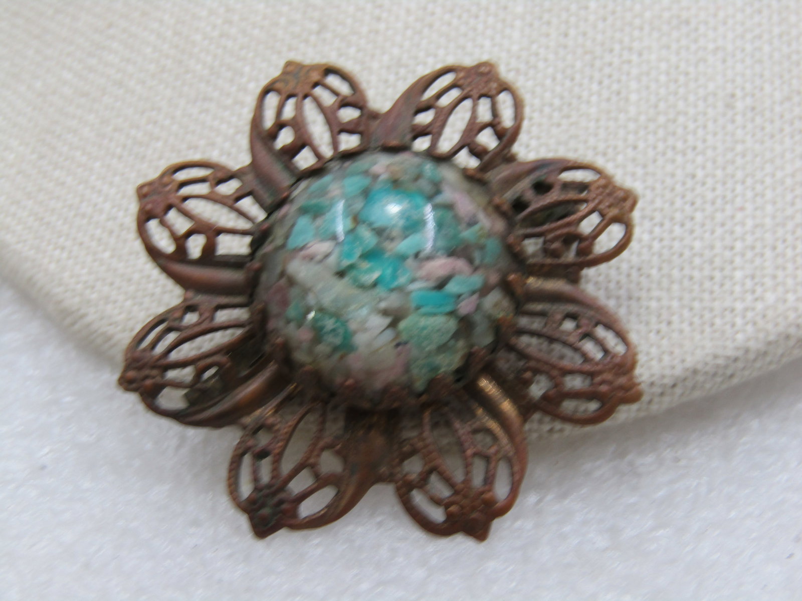 Vintage Early Turquoise & Agate Chips Filigree Brooch, Early 1900's, 1.75" - 3