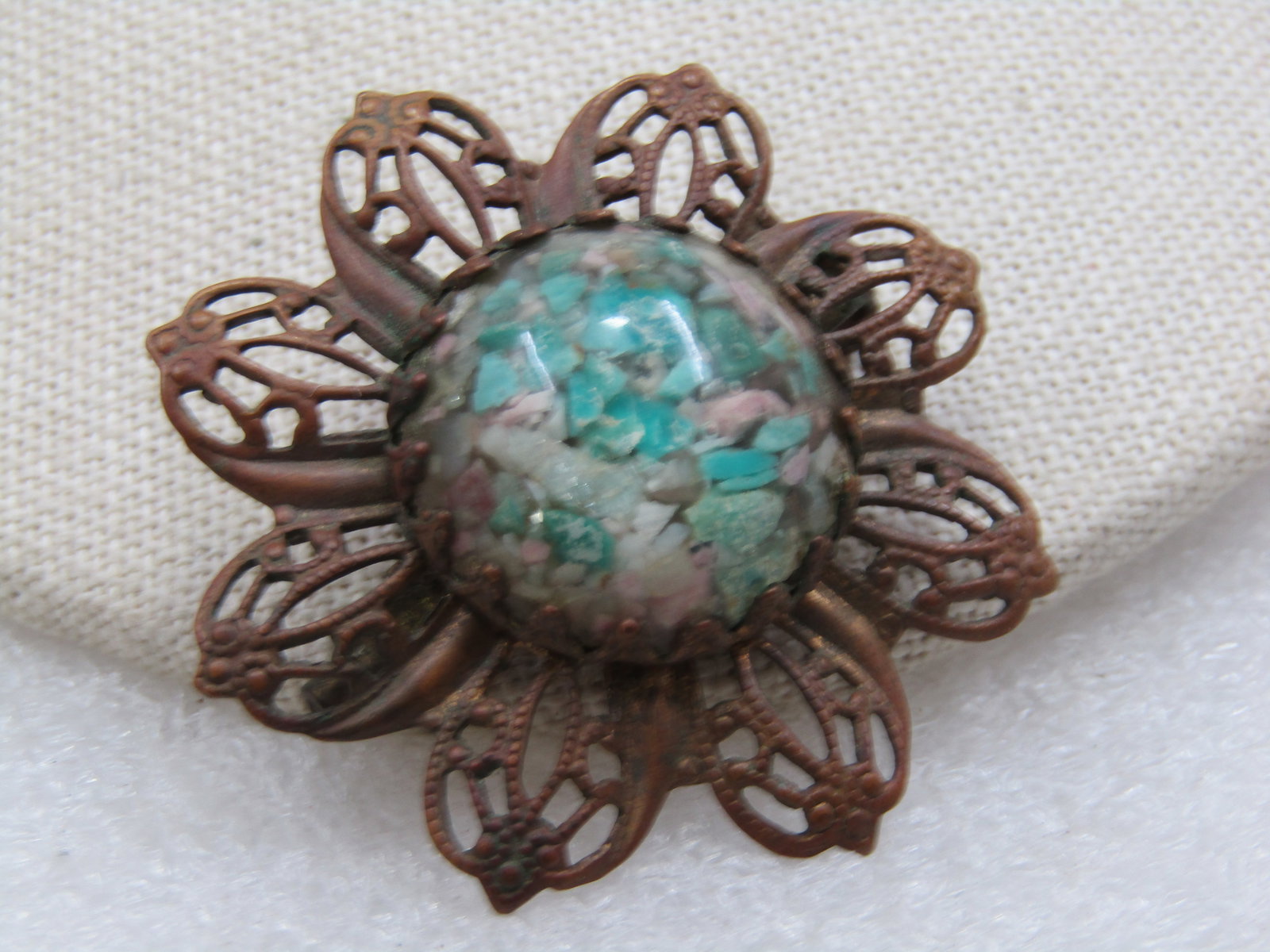 Vintage Early Turquoise & Agate Chips Filigree Brooch, Early 1900's, 1.75" - 5