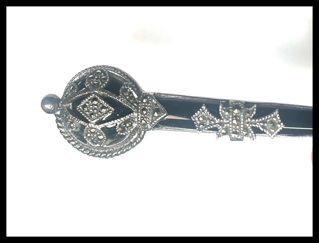 Vintage Sterling Silver, Marcasite, and Black Onyx Brooch/Pin - 4