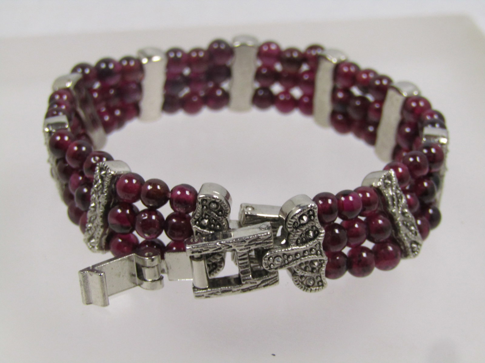 Three Strand Garnet Bracelet, Silver Tone , 7", 1980's-1990's - 10