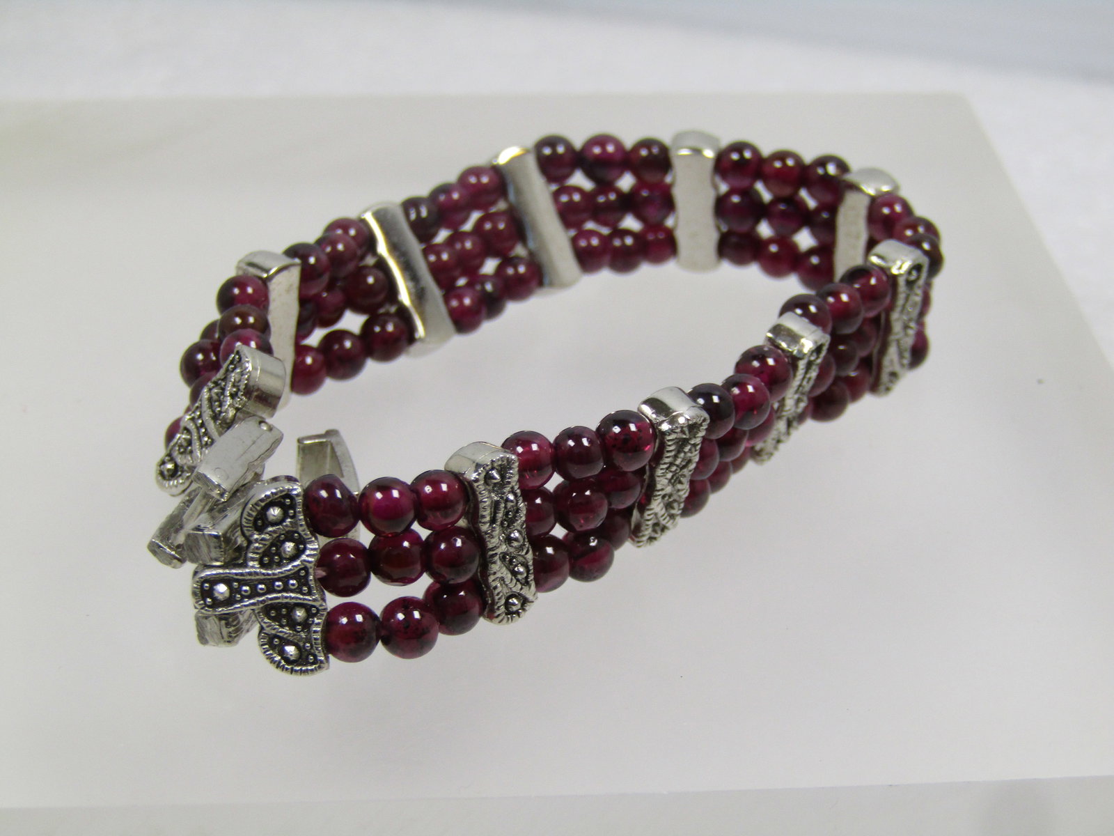 Three Strand Garnet Bracelet, Silver Tone , 7", 1980's-1990's - 5