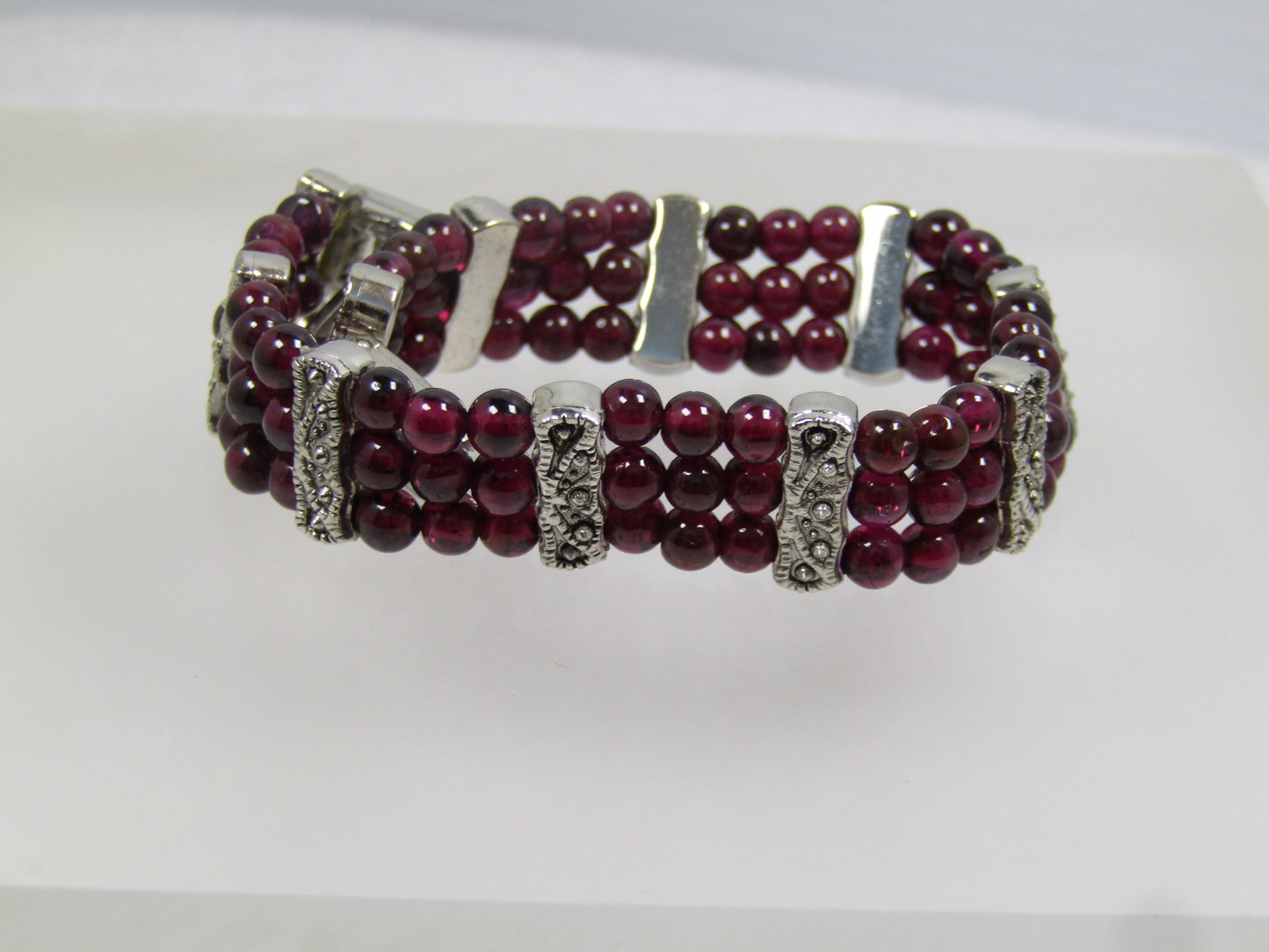 Three Strand Garnet Bracelet, Silver Tone , 7", 1980's-1990's - 6