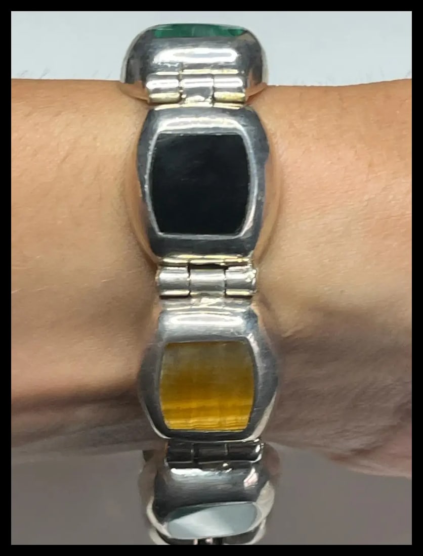 Vintage Mexican Sterling Silver & Semi-Precious Stone Inlay Bracelet - 7