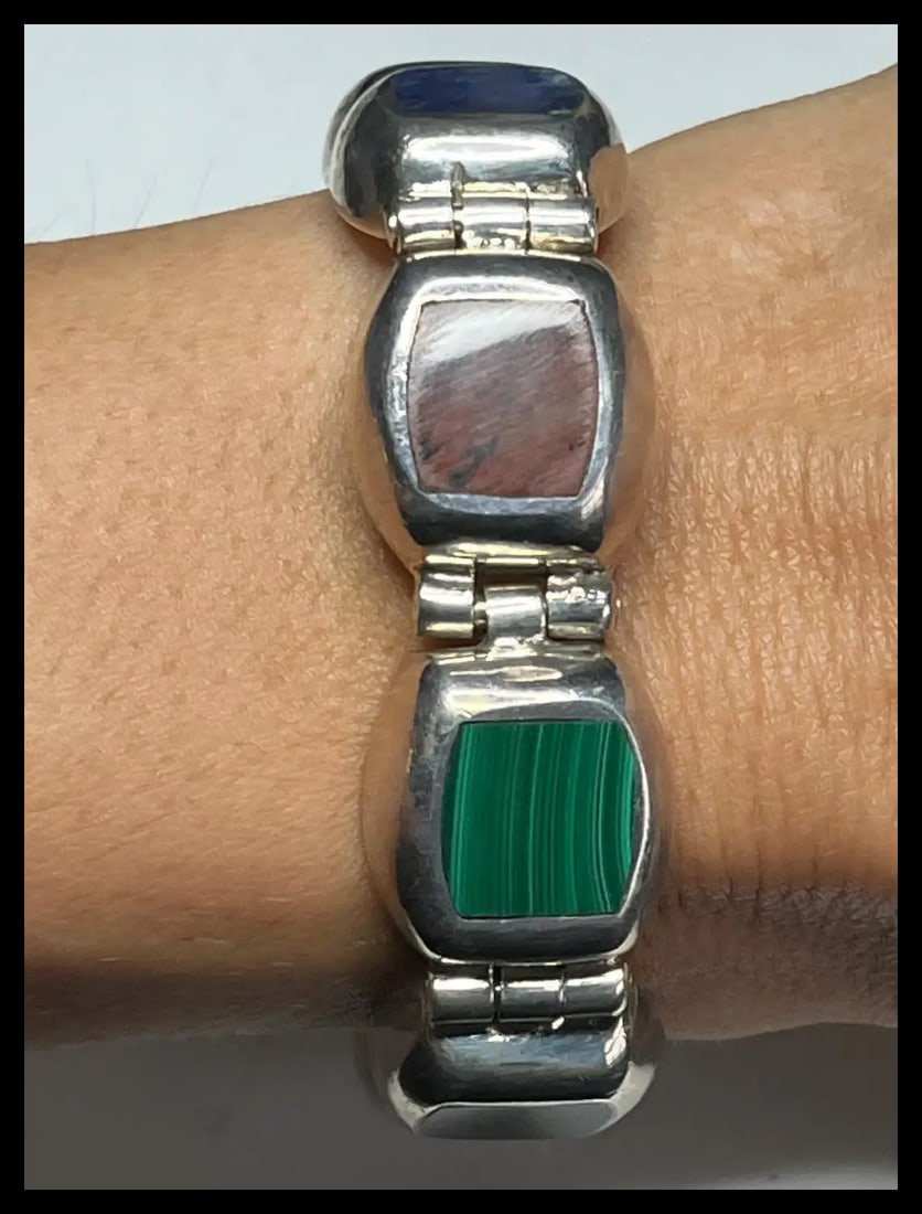 Vintage Mexican Sterling Silver & Semi-Precious Stone Inlay Bracelet - 8