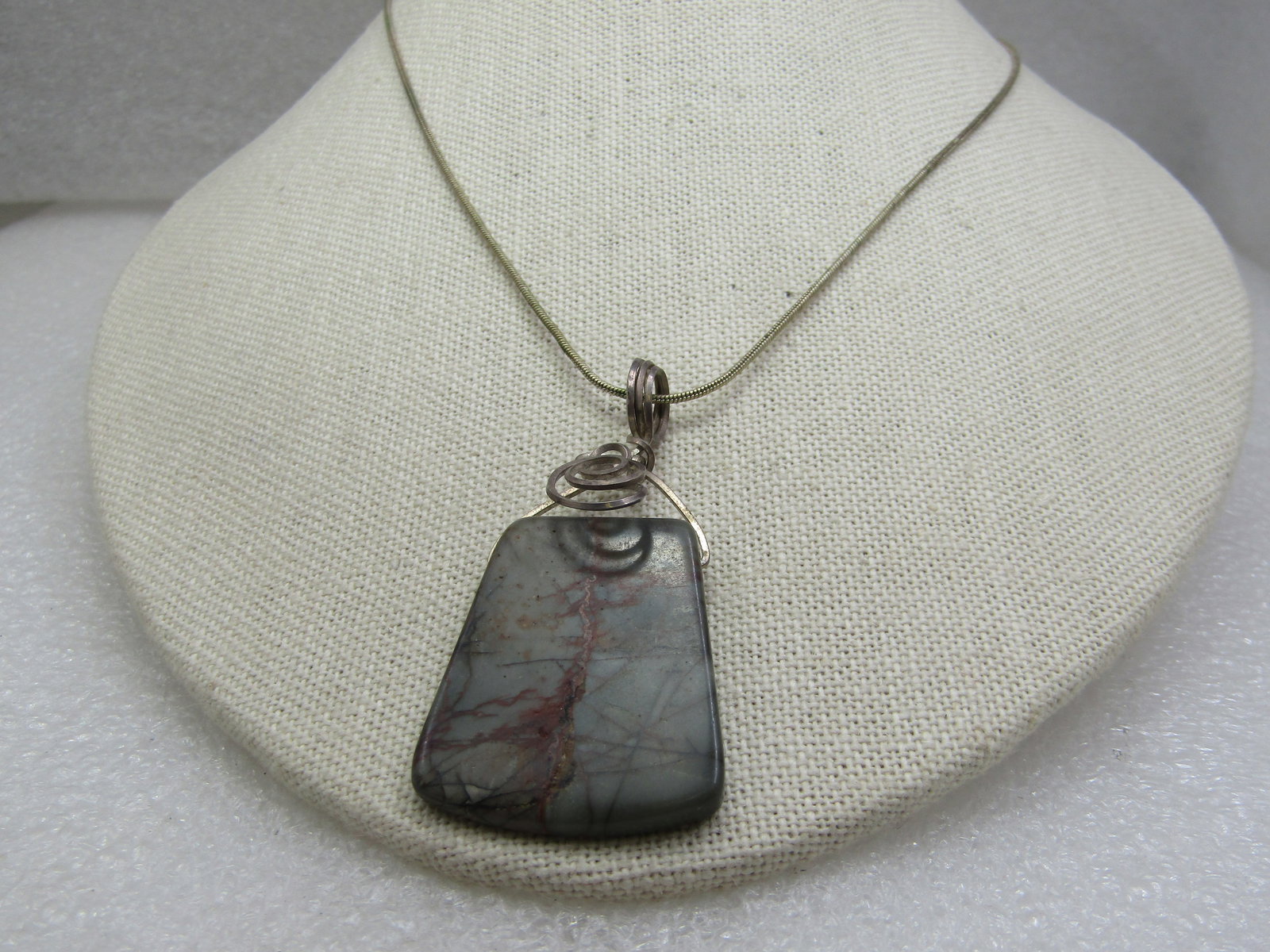 Vintage Sterling Wrapped Stone Pendant on 18" Snake Chain - 2
