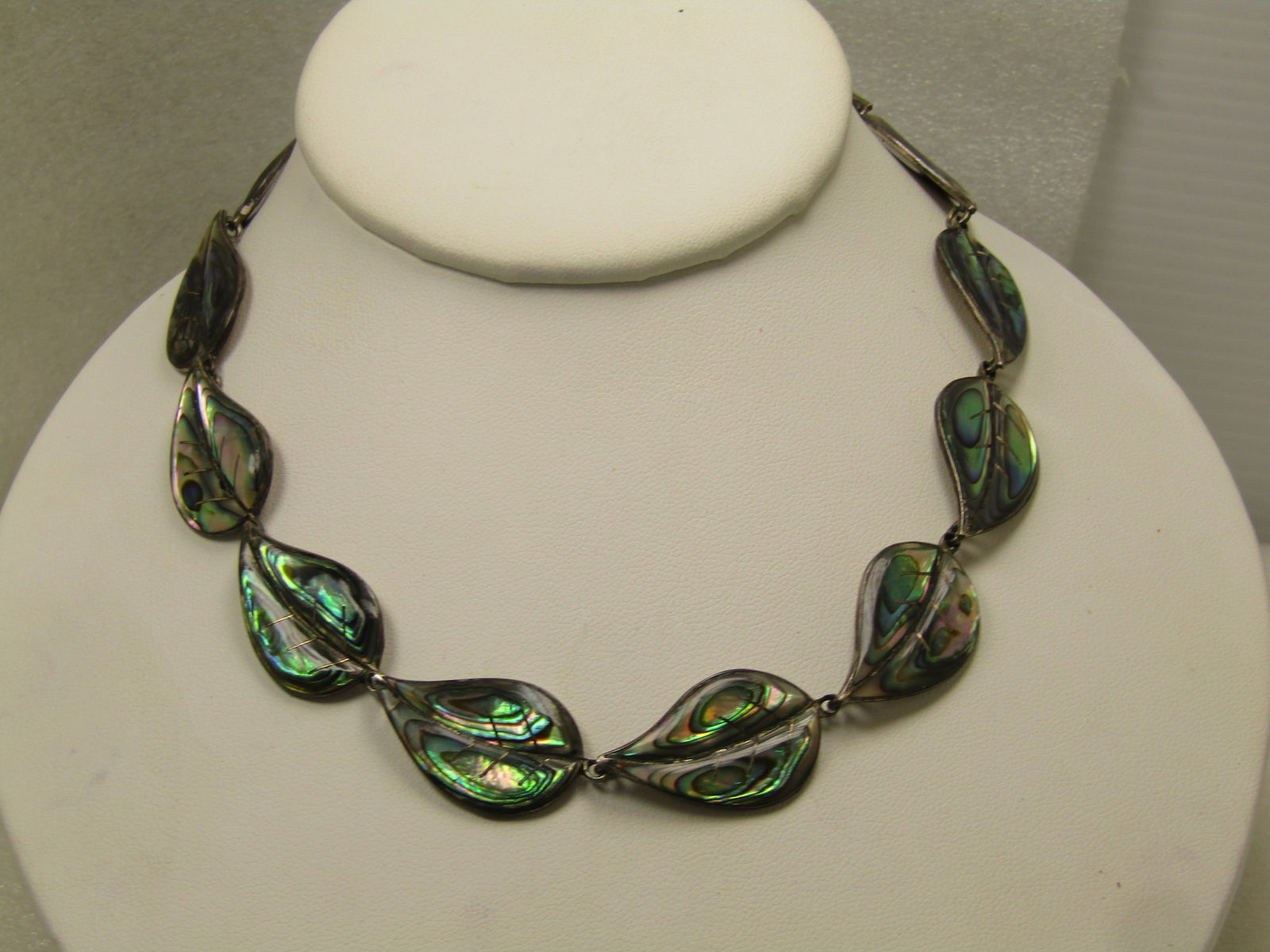 Vintage Sterling Abalone Leaves Inlaid Necklace, 15.75", 1980's, Signed - 2