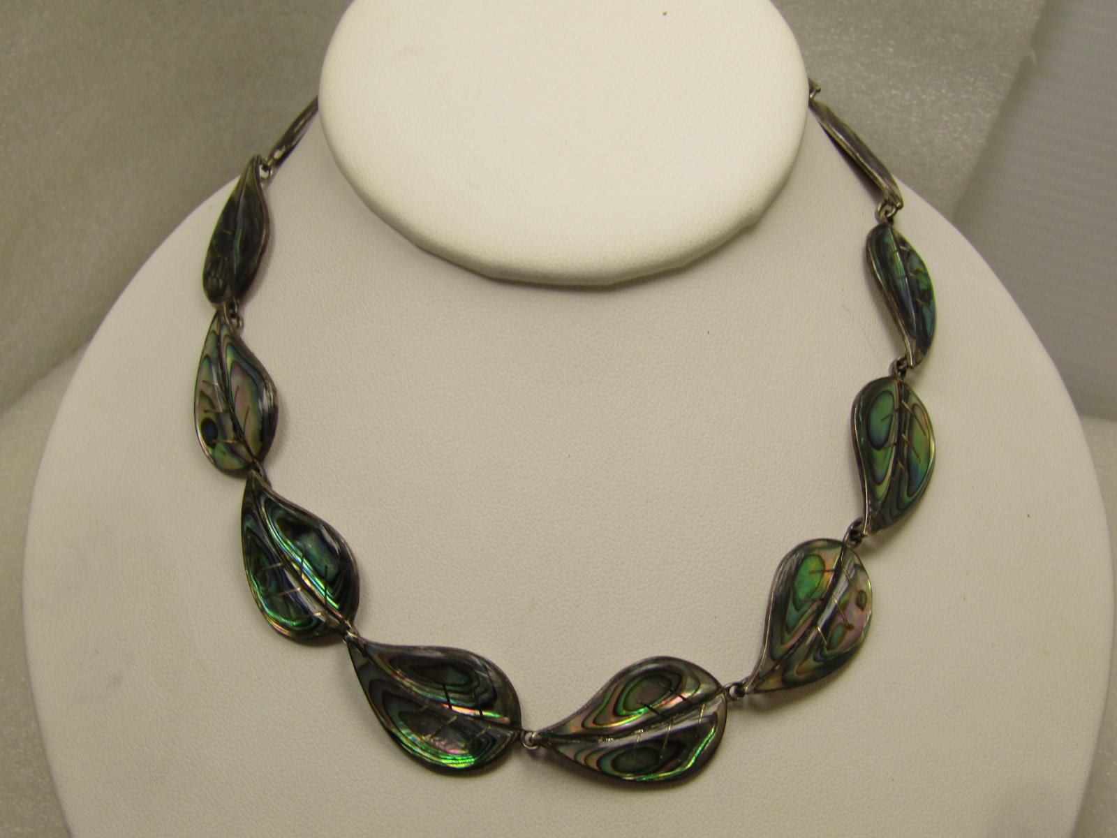 Vintage Sterling Abalone Leaves Inlaid Necklace, 15.75", 1980's, Signed - 5