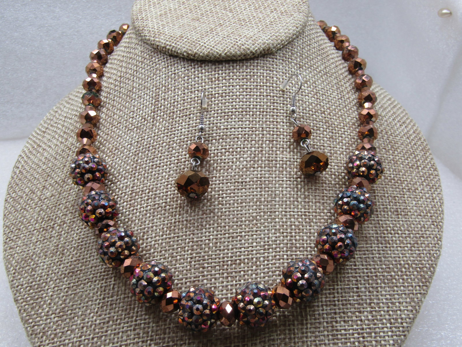 Vintage Copper Metallic Beaded Necklace & Earrings Set, 22" - 2