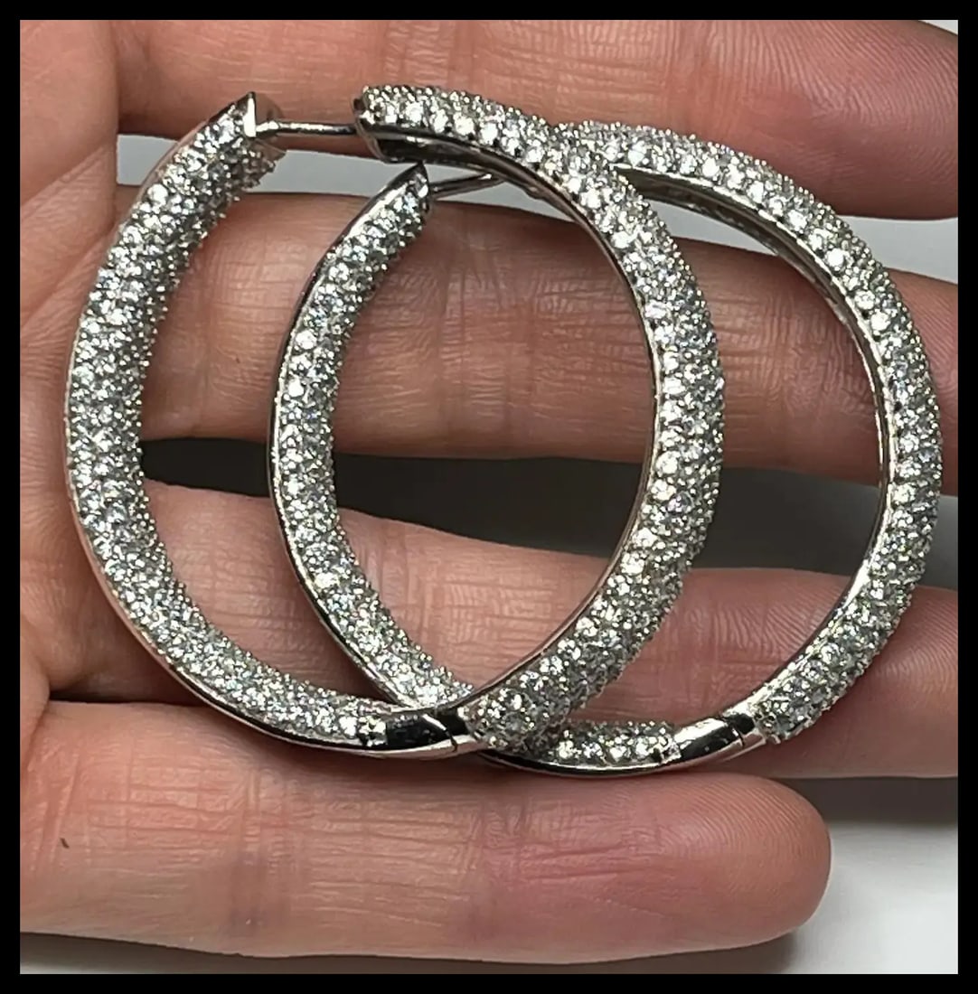 Estate Oversized Inside/Outside Pave Crysal Hoop Earrings - 6
