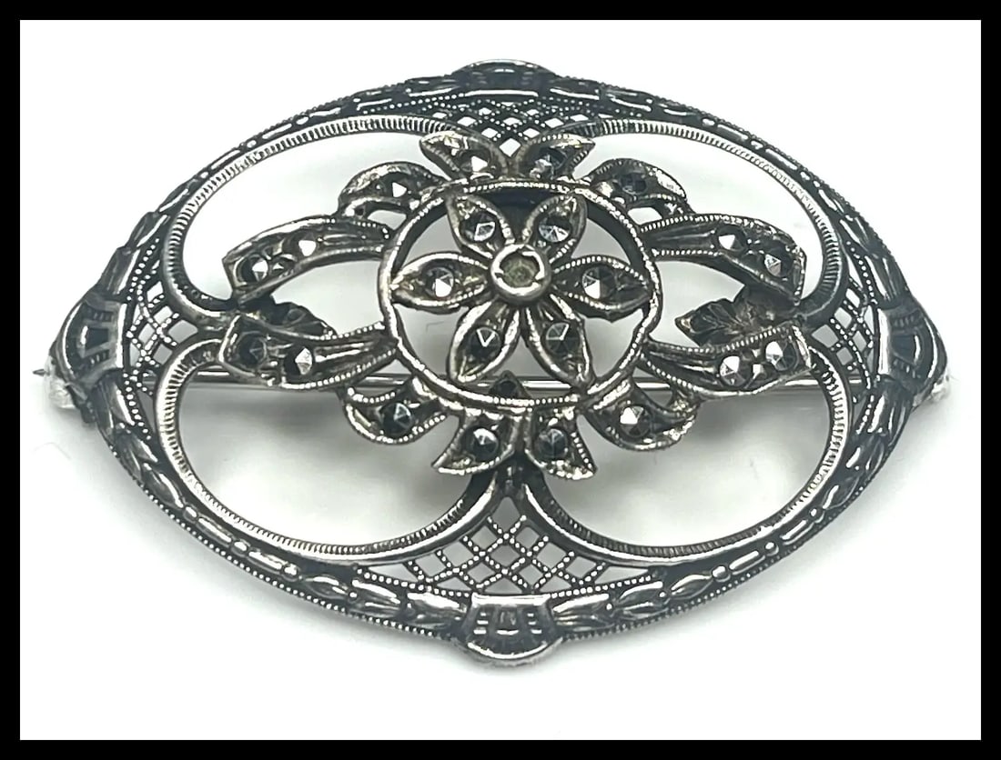 Vintage Sterling Silver Marcasite Floral Filigree Brooch - 2