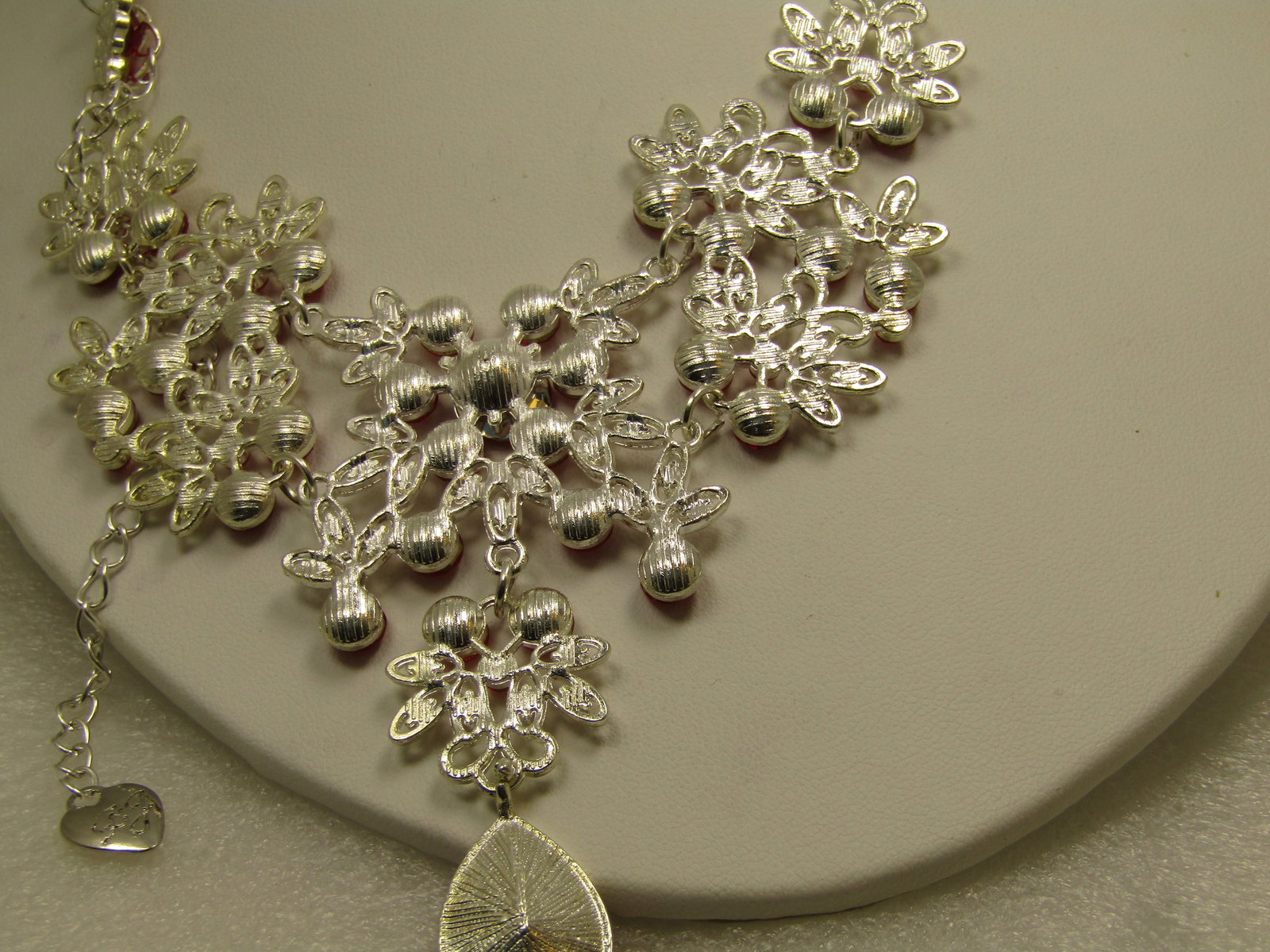 Vintage Silver Tone Red Rhinestone Bib Necklace & Earrings Set, Pierced, 23" Signed , 1990's and - 7