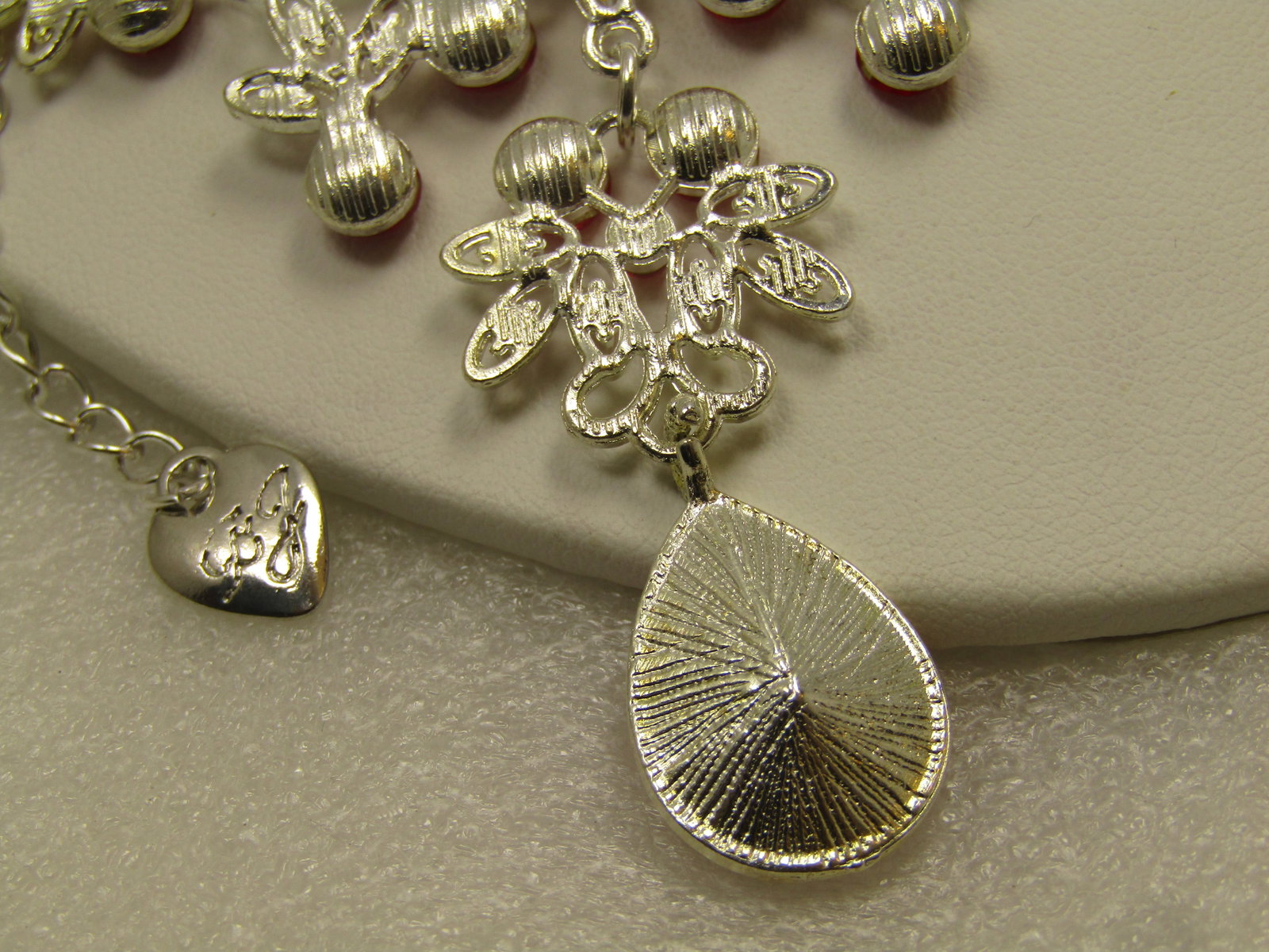 Vintage Silver Tone Red Rhinestone Bib Necklace & Earrings Set, Pierced, 23" Signed , 1990's and - 8