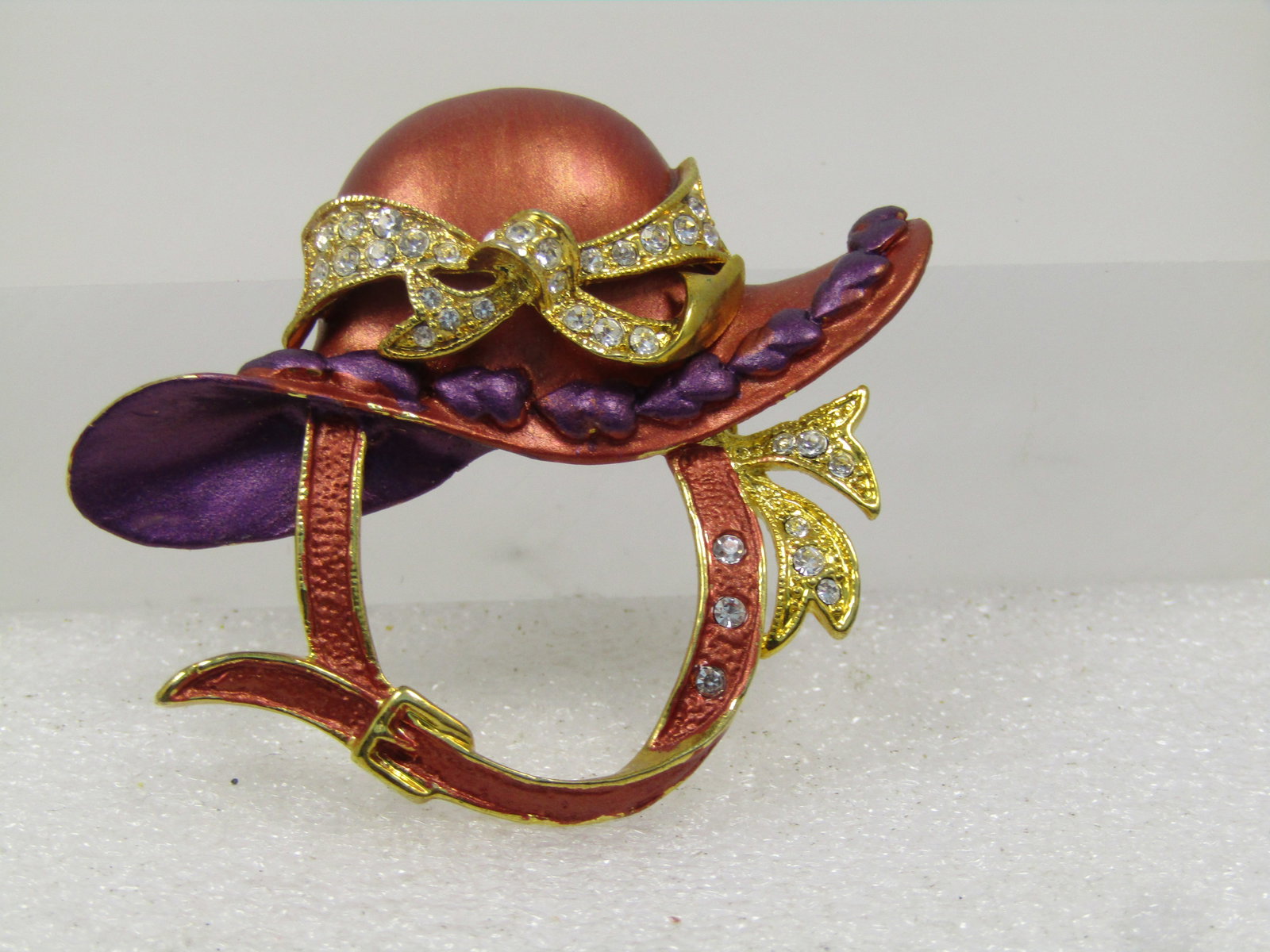 Vintage Enameled Red Hat Brooch, Purple & Rhinestone Accents, 1990's - 2