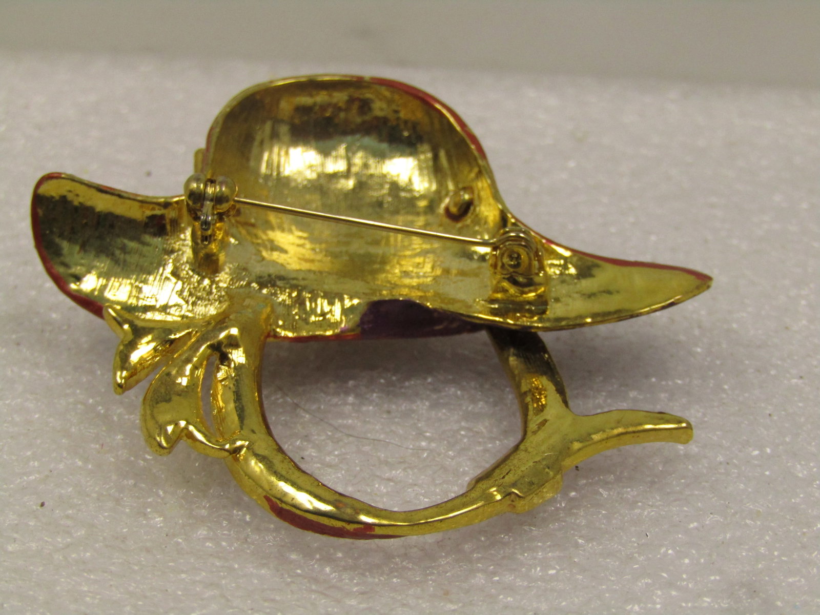 Vintage Enameled Red Hat Brooch, Purple & Rhinestone Accents, 1990's - 3