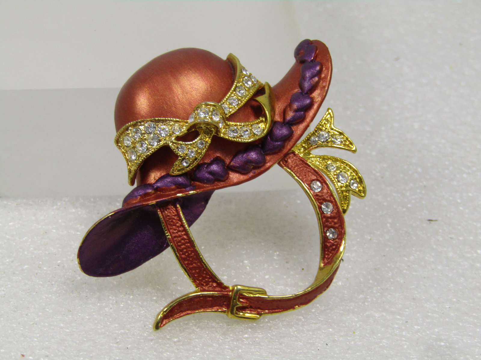 Vintage Enameled Red Hat Brooch, Purple & Rhinestone Accents, 1990's - 6