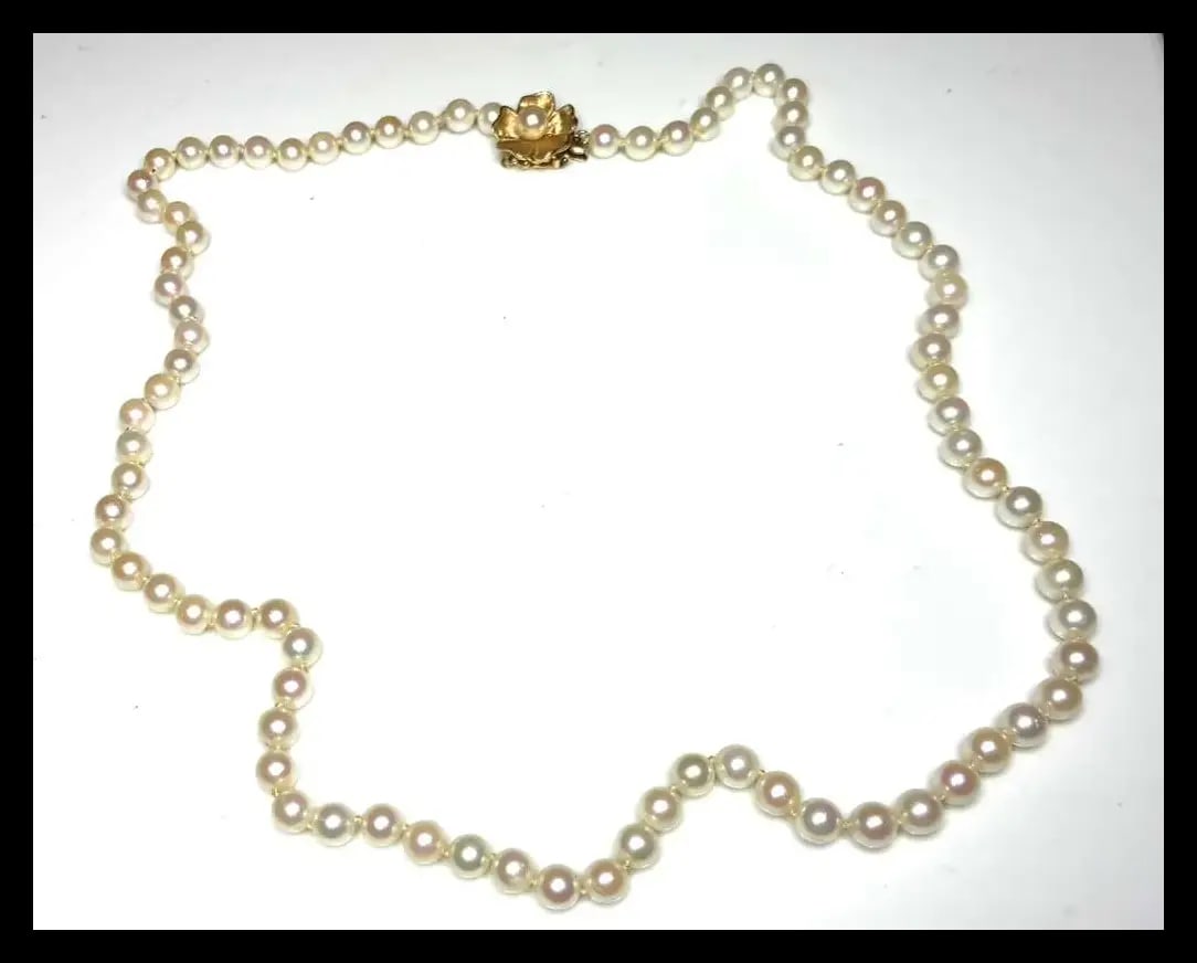 Vintage 14k Cultured Pearl Necklace with Flower Clasp Closure - 4