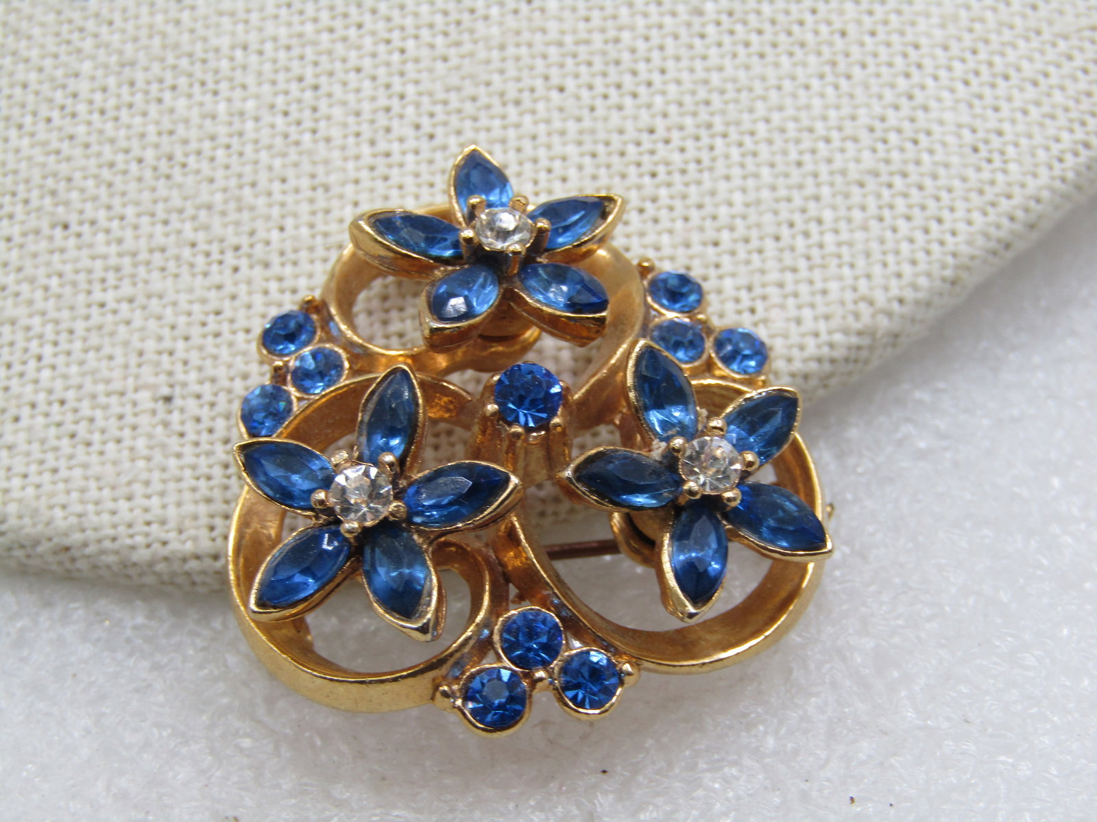 Vintage Blue & Clear Rhinestone Blossom Brooch, 1-3/8", 1950's-1960's - 2