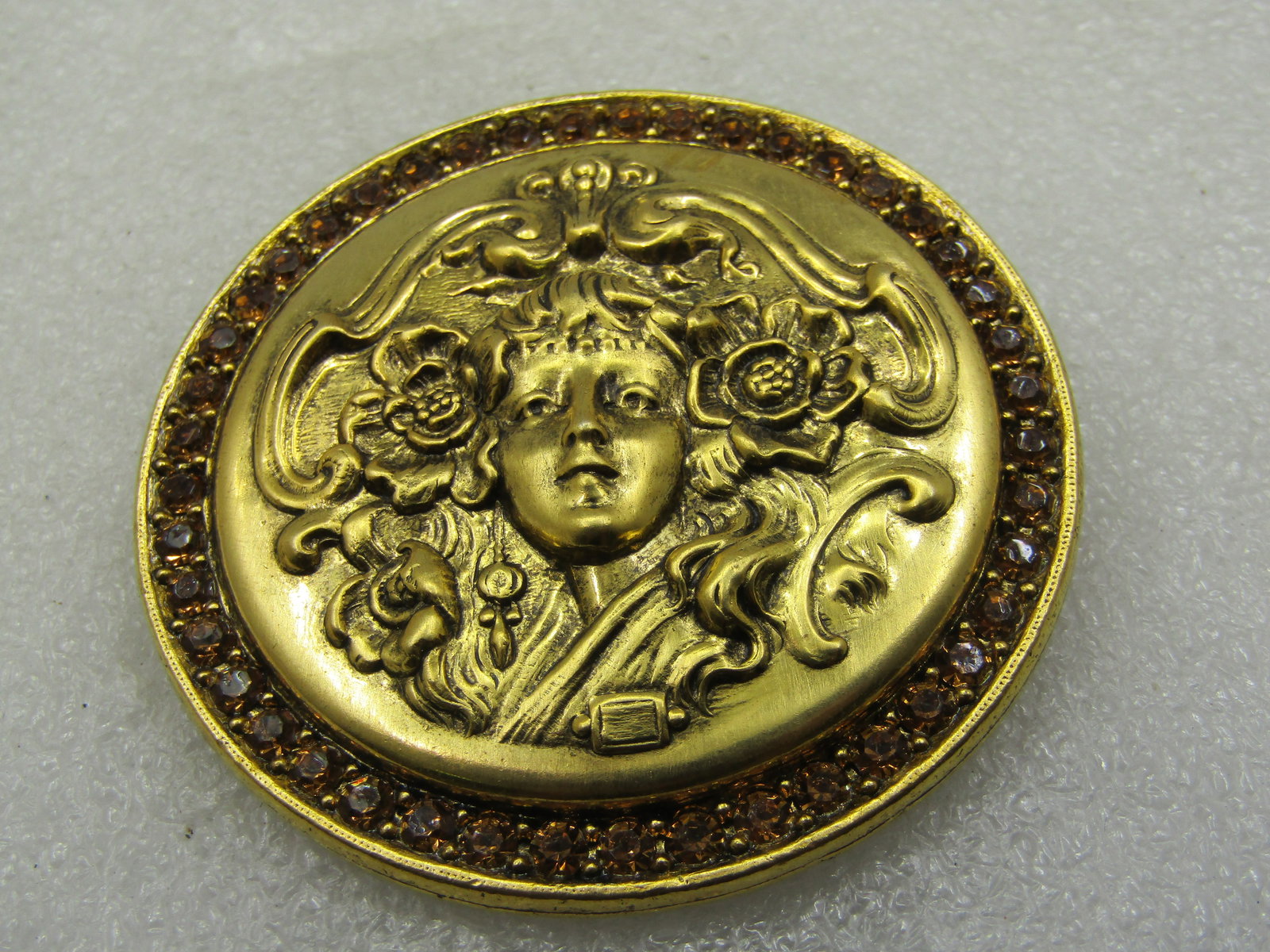 Vintage Repousse Woman Brooch, Rhinestones, Art Nouveau Themed - 6