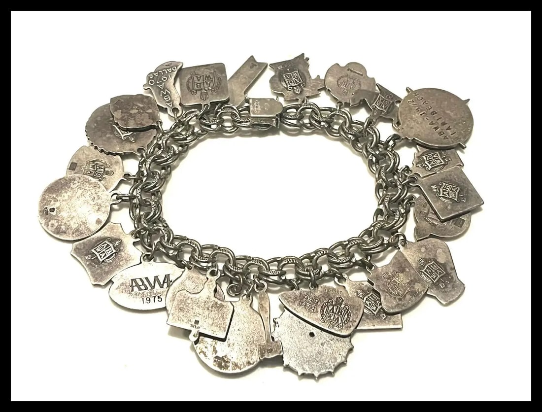 Vintage ABWA American Business Woman Association Loaded Sterling Silver Charm Bracelet - 7