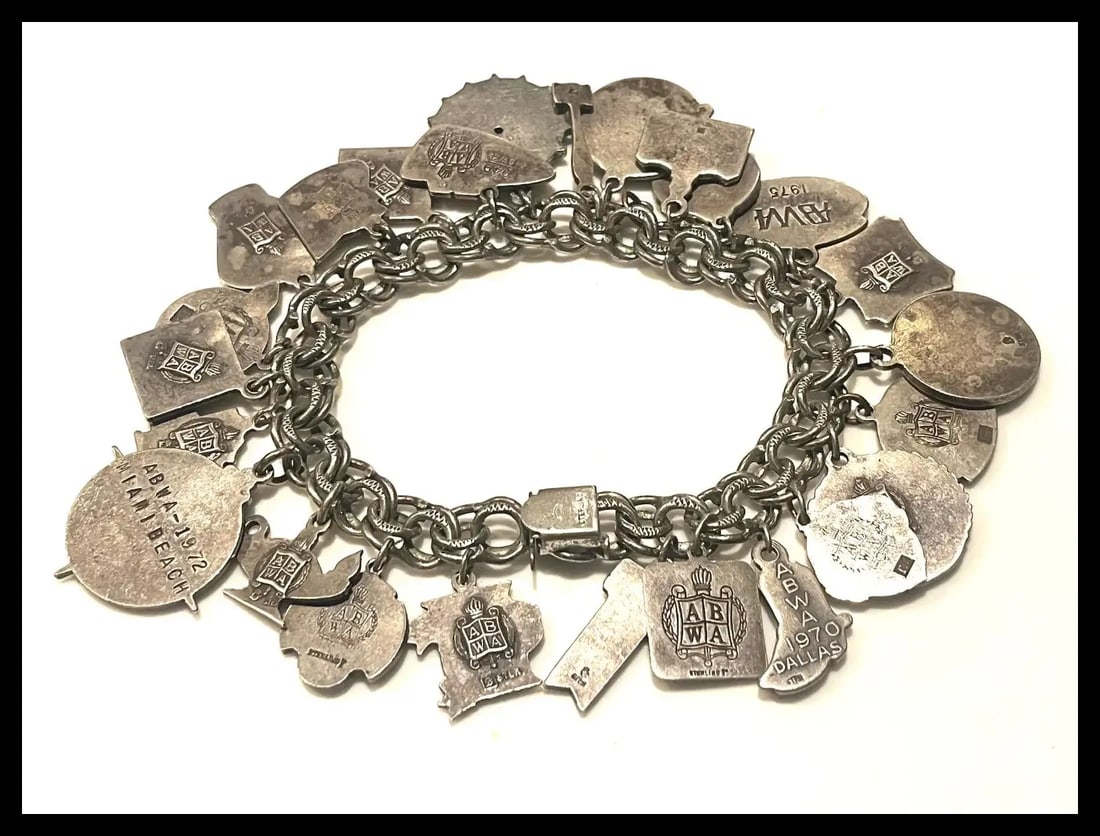 Vintage ABWA American Business Woman Association Loaded Sterling Silver Charm Bracelet - 9