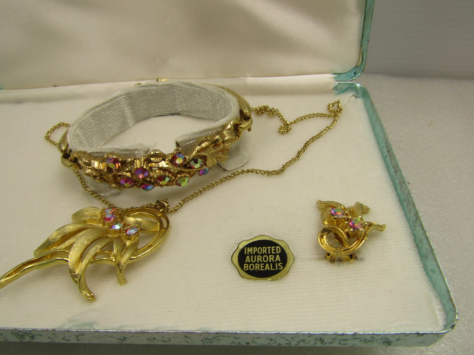 Vintage Pink Aurora Borealis Necklace, Bracelet, Earrings Set, Original An Evening in Paris Box, - 3