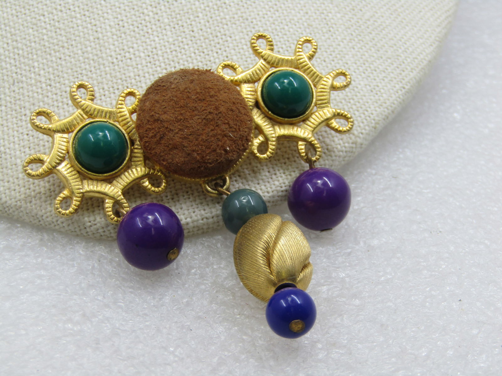 Vintage Bar Brooch with Dangle Beads & Suede Accent, 1980's-1990's - 2