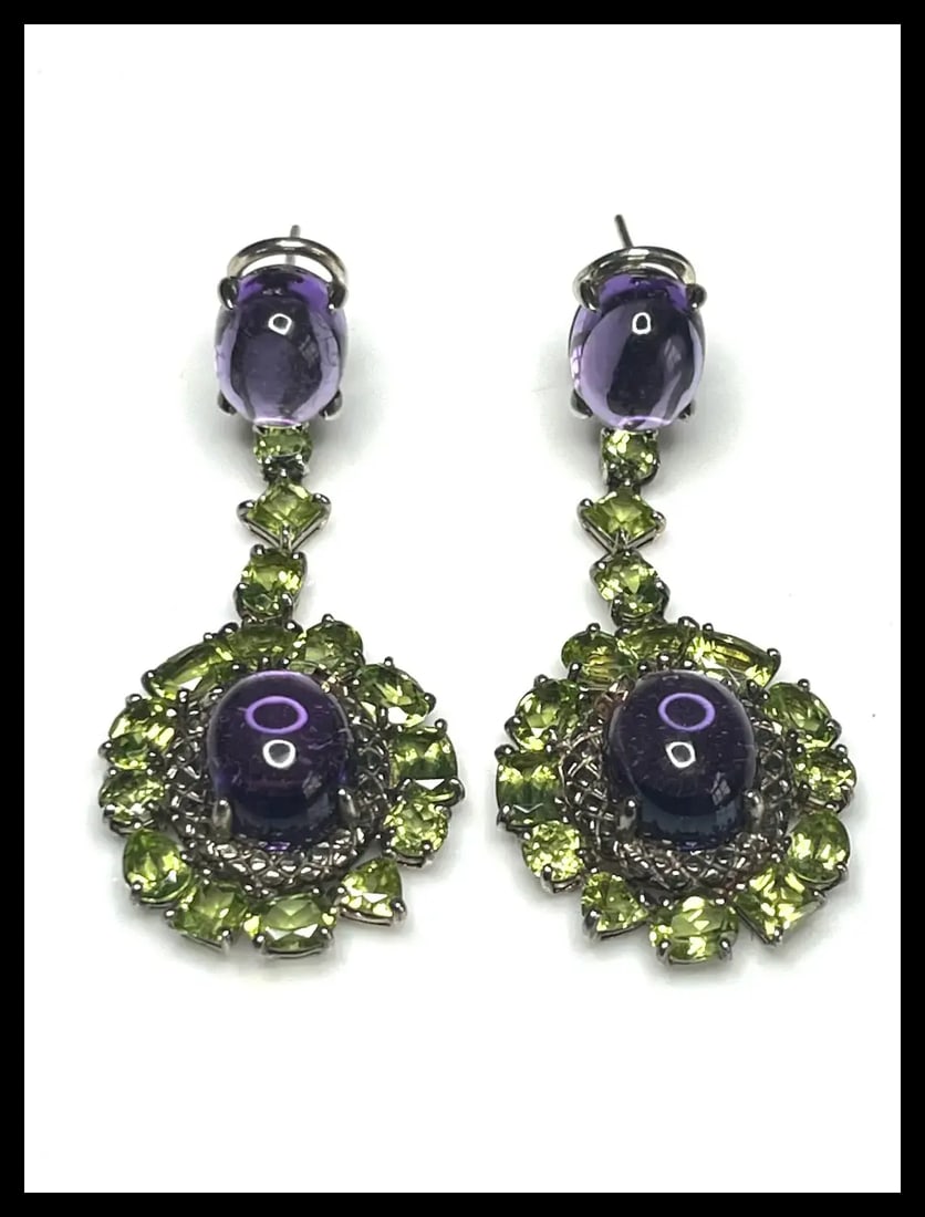 Estate Signed Sterling Silver 18k Amethyst Cabochon, Peridot, and Diamond Statement Earrings - 2