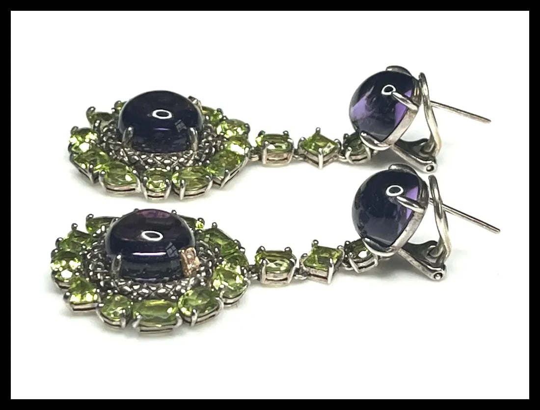 Estate Signed Sterling Silver 18k Amethyst Cabochon, Peridot, and Diamond Statement Earrings - 4