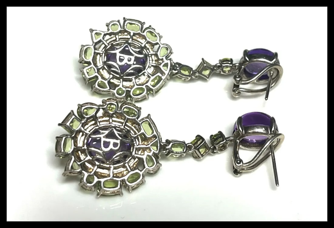 Estate Signed Sterling Silver 18k Amethyst Cabochon, Peridot, and Diamond Statement Earrings - 9