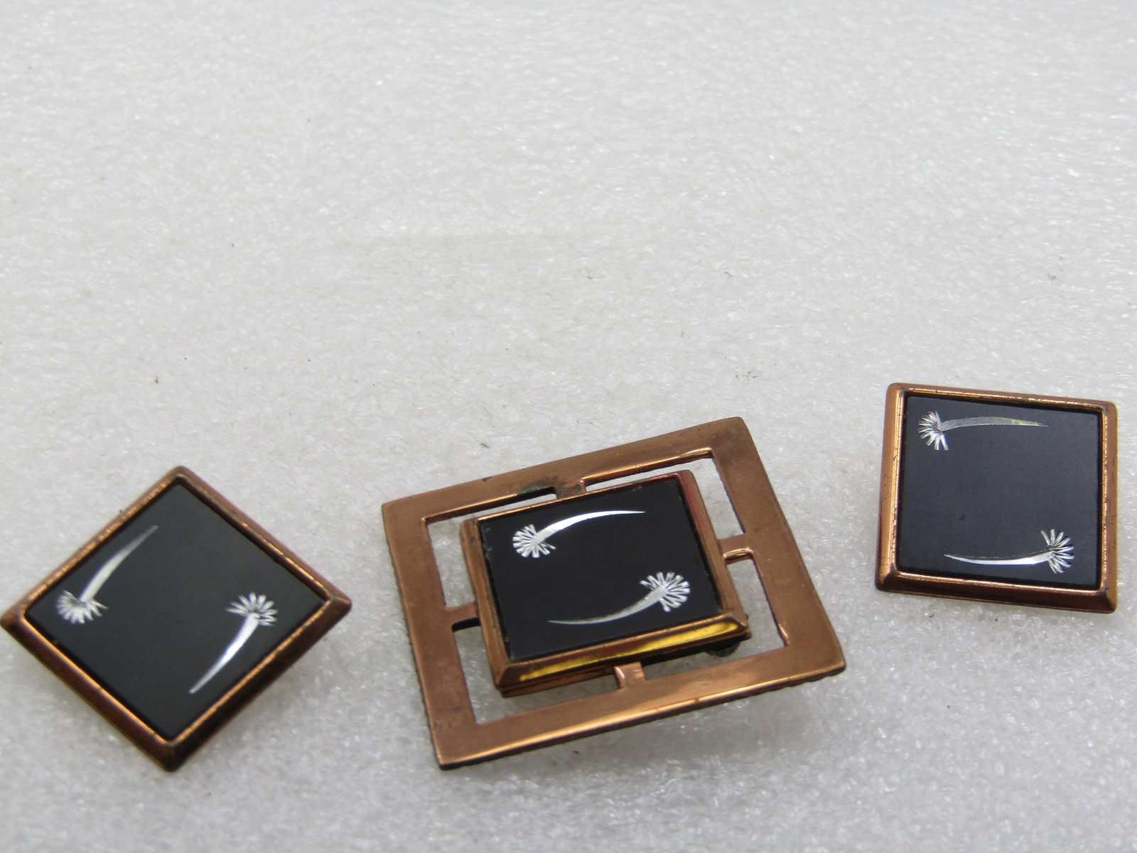 Vintage Copper & Black & Silver Etched Brooch & Clip Earrings Set, Mid-Century - 4