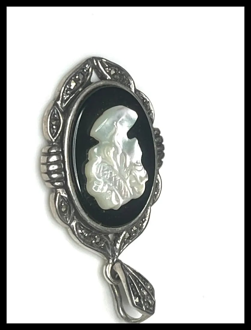 Vintage Sterling Silver and Marcasite Cameo Pendant - 3