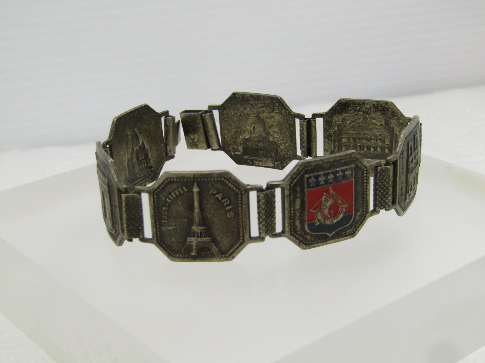 Vintage Silver Tone Paris Tiled Bracelet , 8", Mid-Century - 2