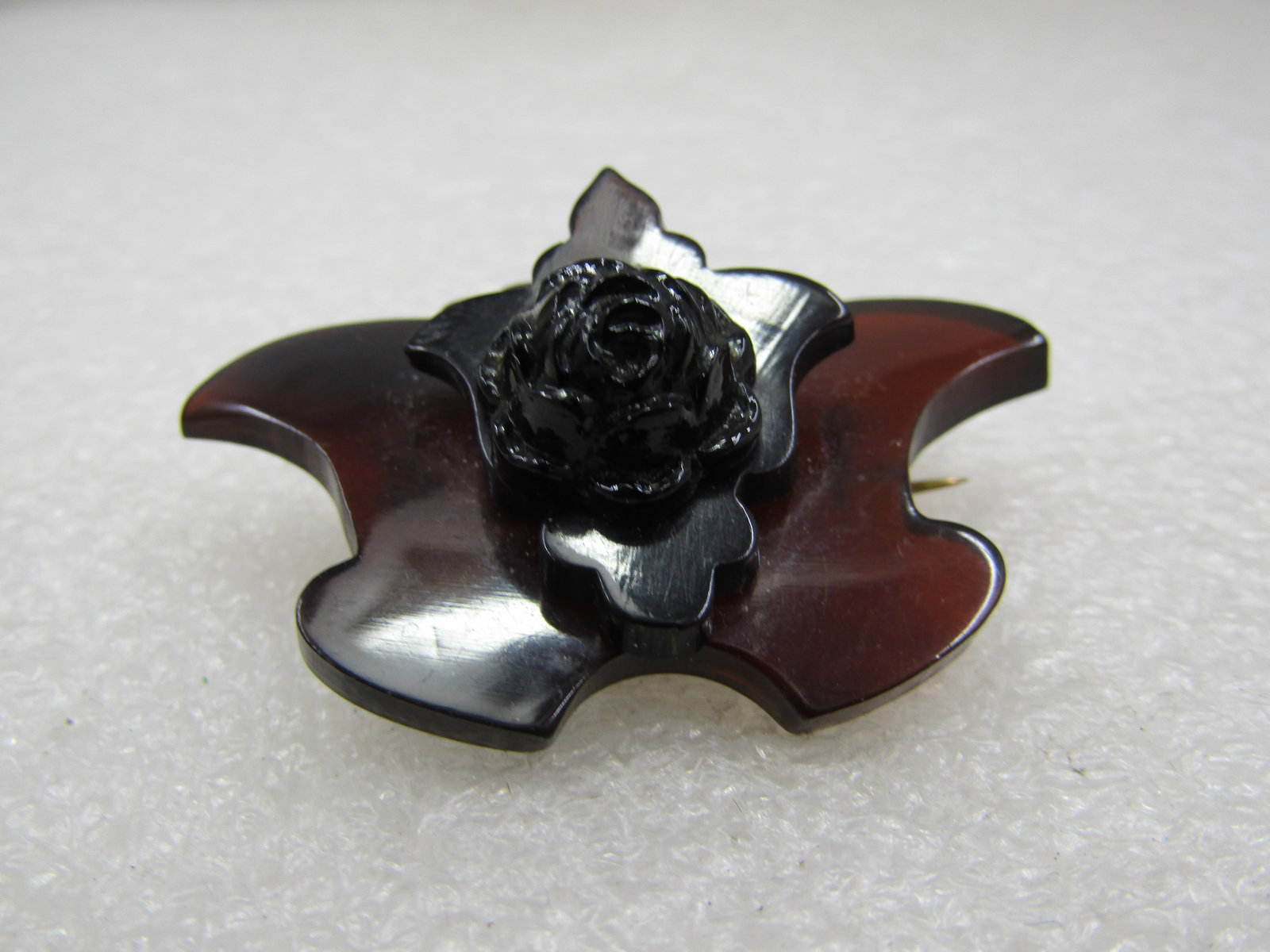 Vintage Faux Tortoiseshell Tiered Brooch with Rose, C-Clasp, 1.75" - 4