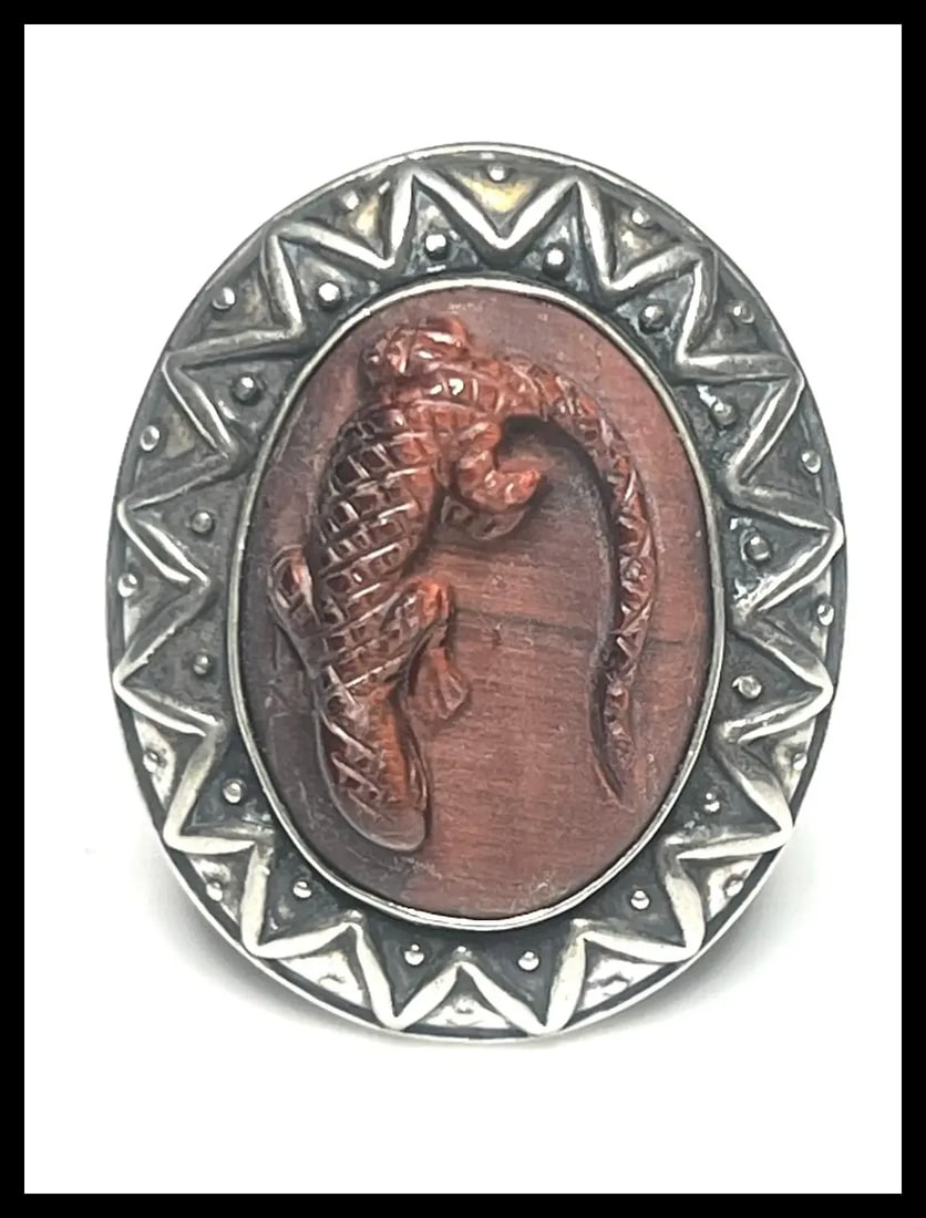 Estate Carolyn Pollack Sterling Silver Carved Redstone Lizard Ring - 2