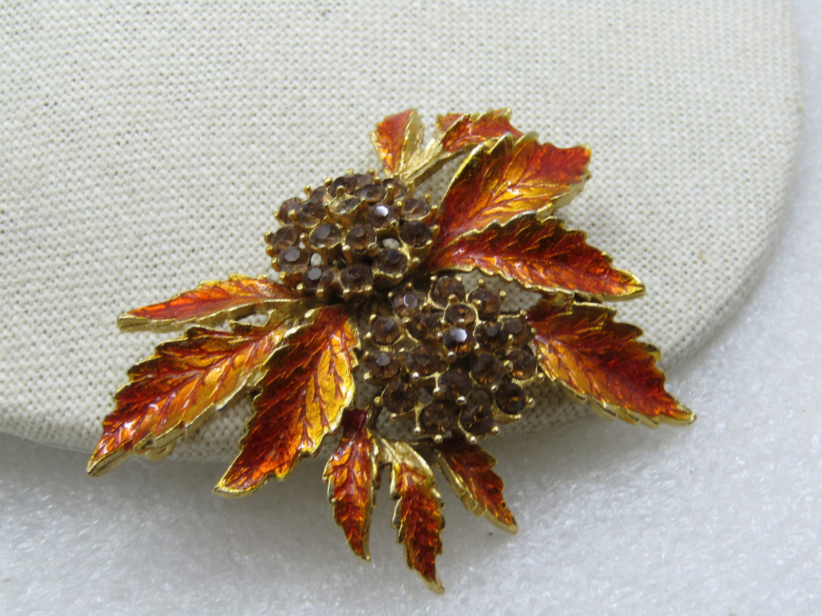 Vintage Burnt Orange Enameled Rhinestone Leaf Brooch, 1960's-1970s - 2