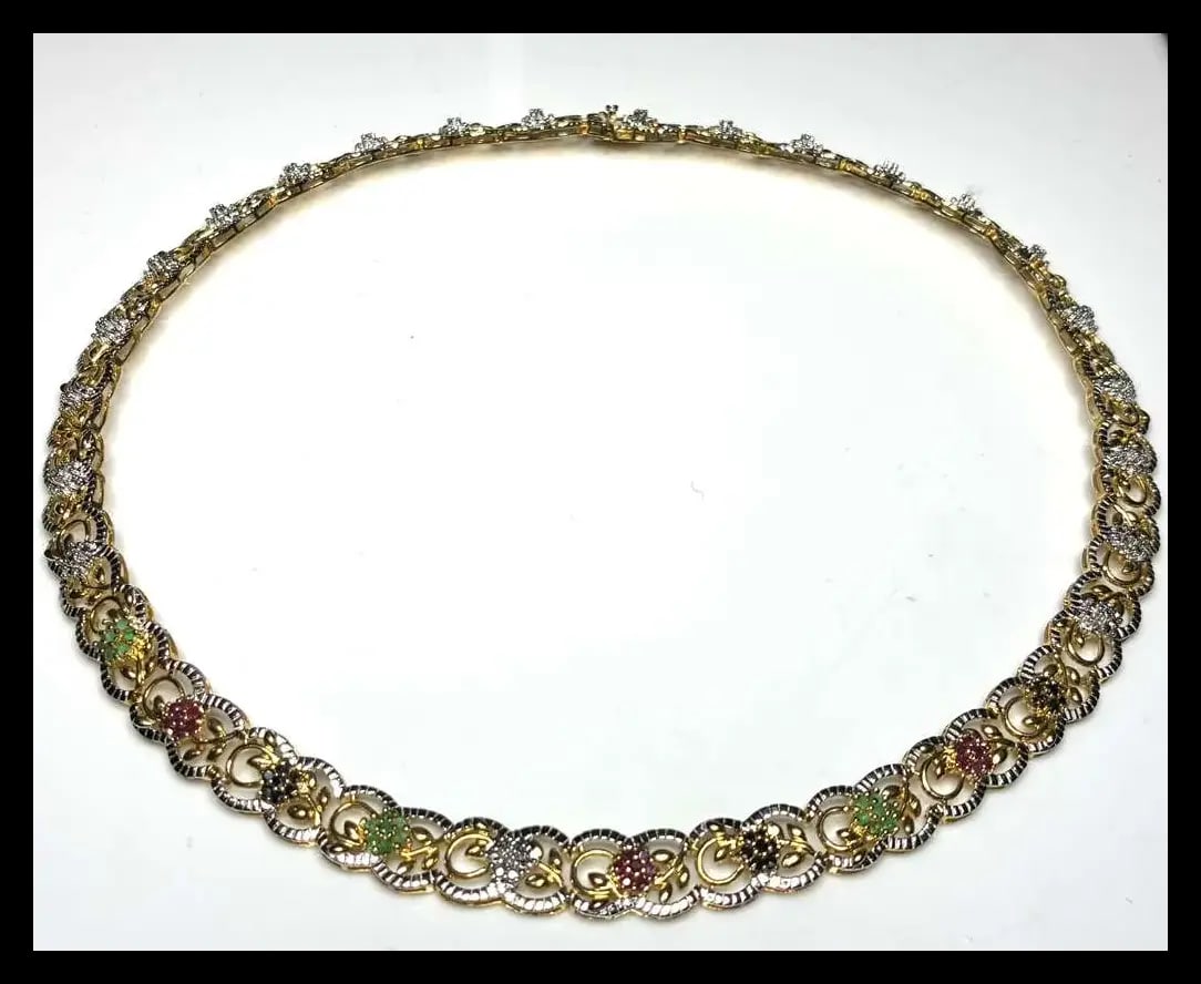 Estate Fancy Ornate Sterling Silver Filigree Necklace with Emeralds and Sapphires - 2