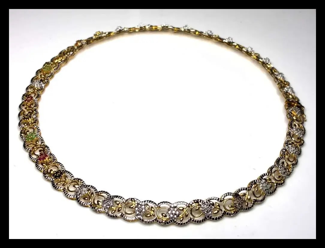 Estate Fancy Ornate Sterling Silver Filigree Necklace with Emeralds and Sapphires - 3