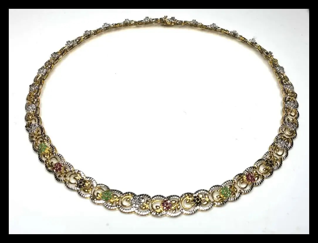 Estate Fancy Ornate Sterling Silver Filigree Necklace with Emeralds and Sapphires - 4