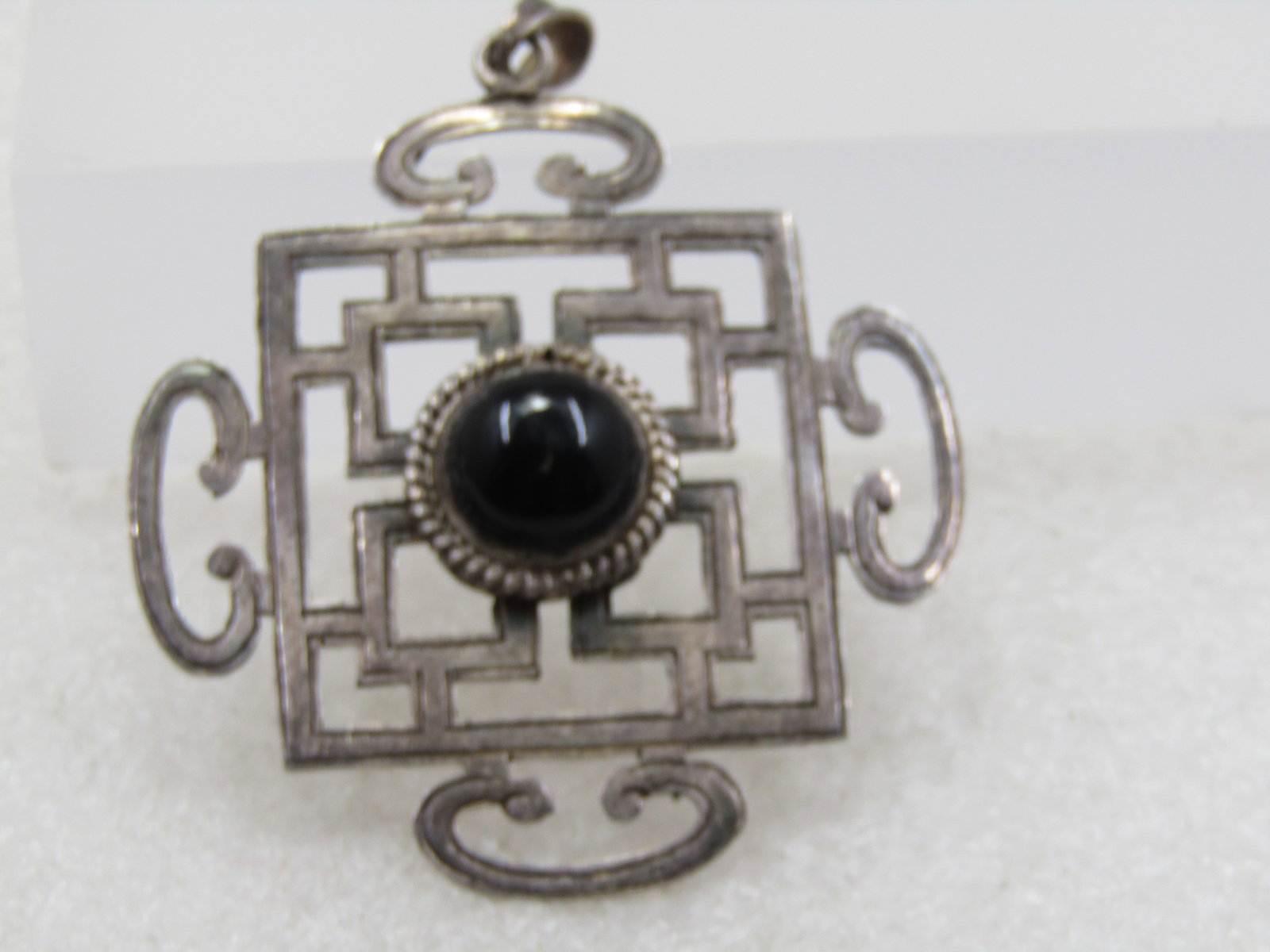 Vintage Sterling Onyx Pendant, Asian/Bali Themed, 2-3/8" - 5