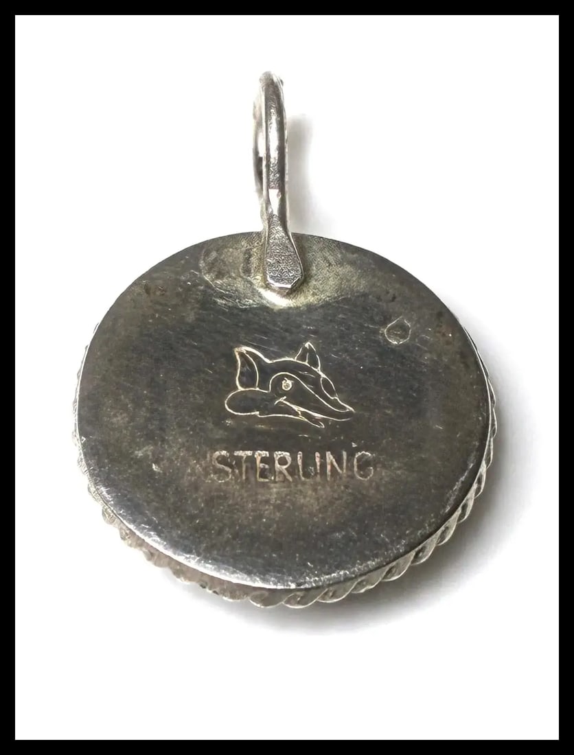 Estate Emerald Green Glass Cabachon Pendant with Fox Logo on Reverse Side - 4