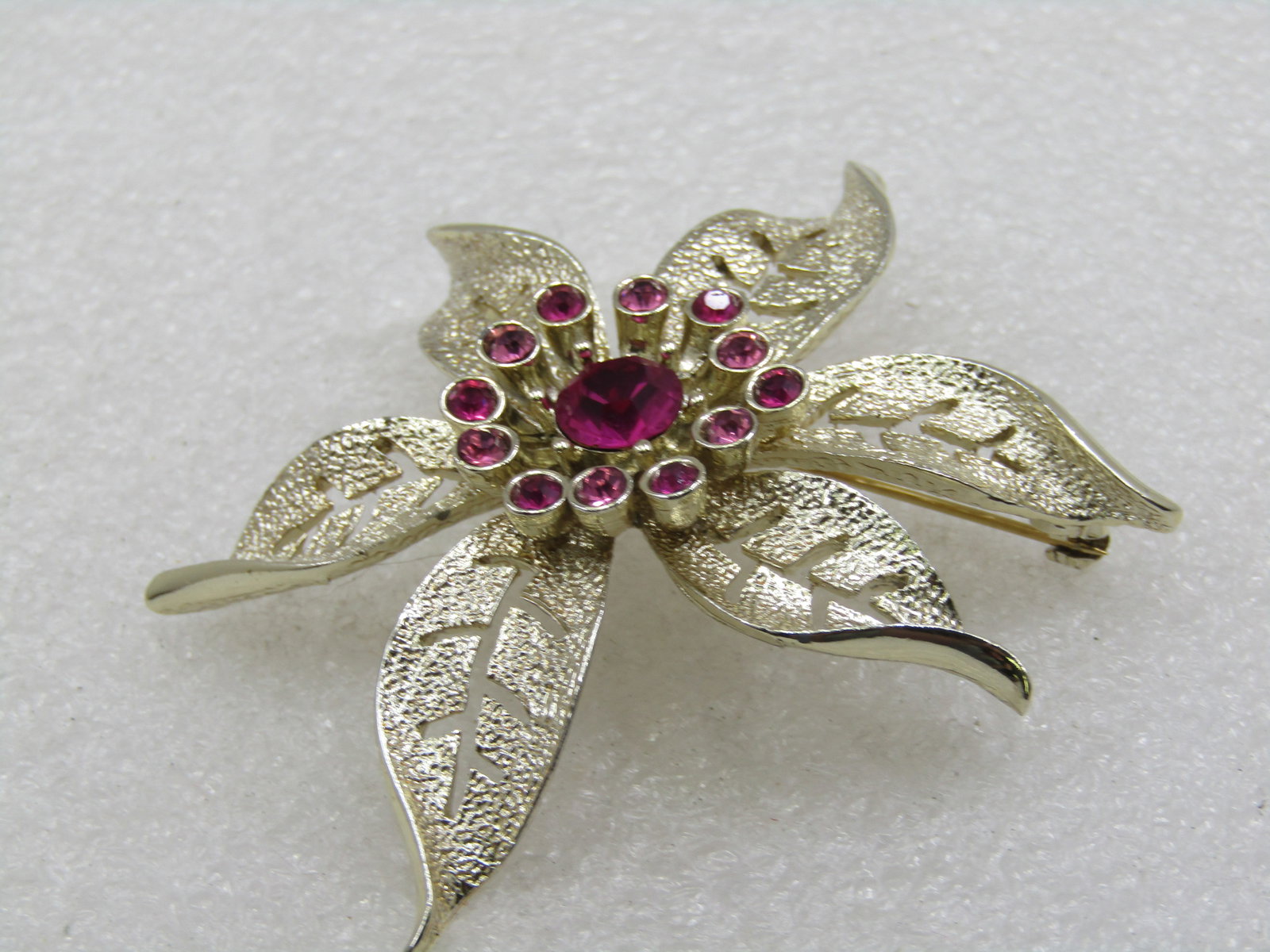 Vintage Pink Rhinestone Floral Brooch, 2.5", 1960's - 6
