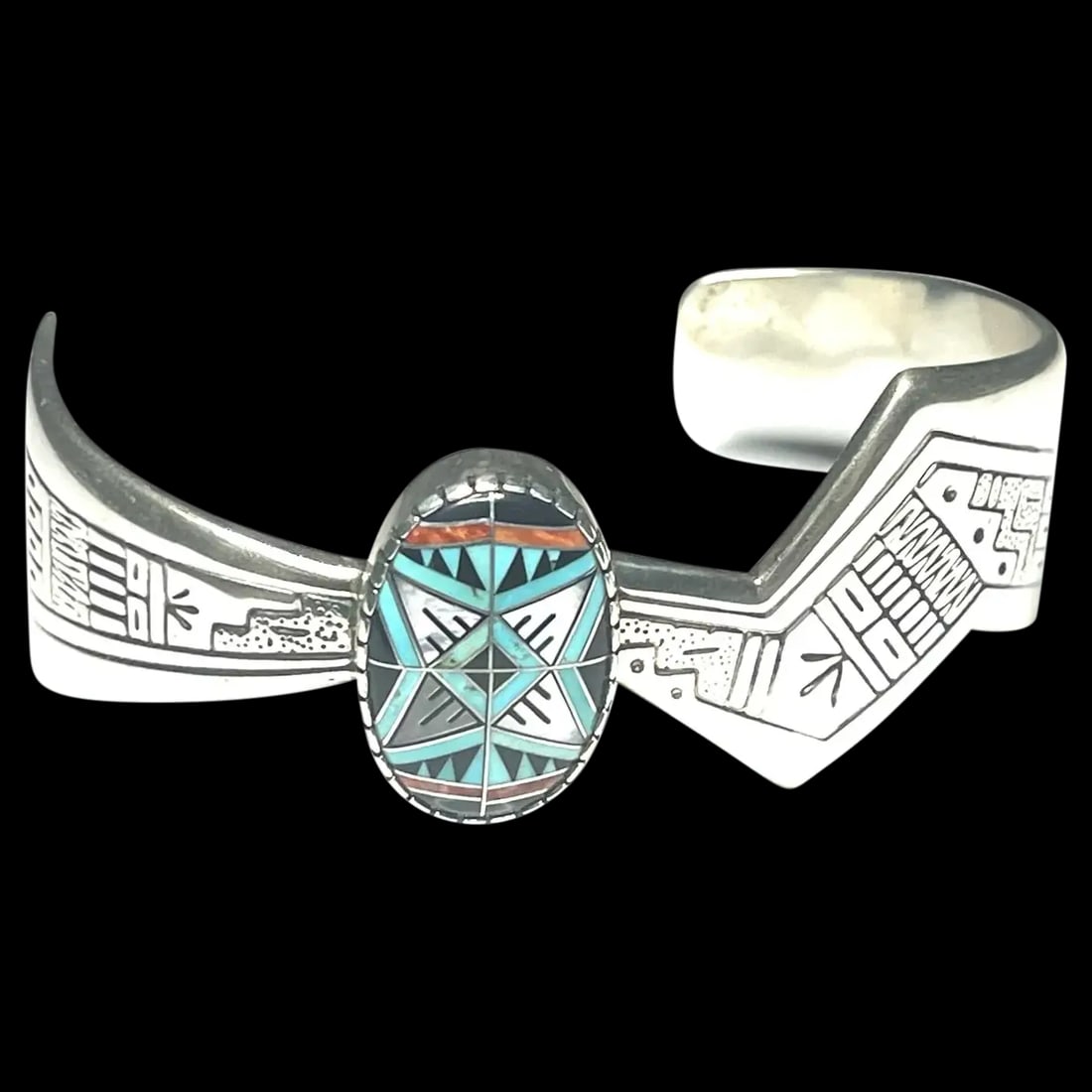 Estate RMT Sterling Silver Turquoise Mosaic Inlay Cuff Bracelet: Title: Estate RMT Sterling Silver Turquoise Mosaic Inlay Cuff Bracelet Description: Estate RMT Roderick Tenorio & Carolyn Pollack Sterling Silver Turquoise Mosaic Inlay Cuff Bracelet Hallmarked: RMT